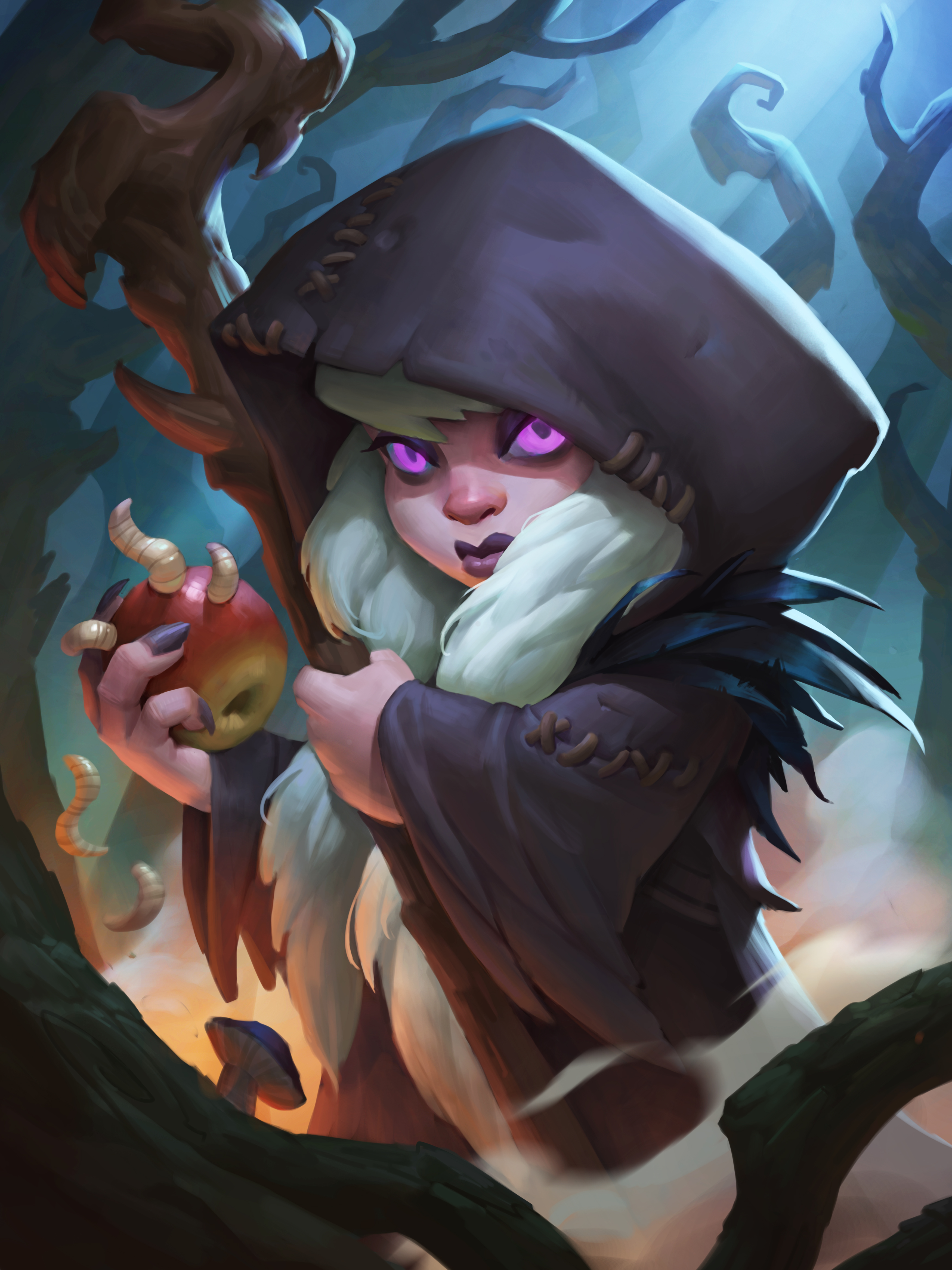General 3500x4666 Hearthstone the witchwood Hearthstone: Heroes of Warcraft Blizzard Entertainment video game characters hoods purple eyes mushroom video games fruit looking at viewer portrait display long hair