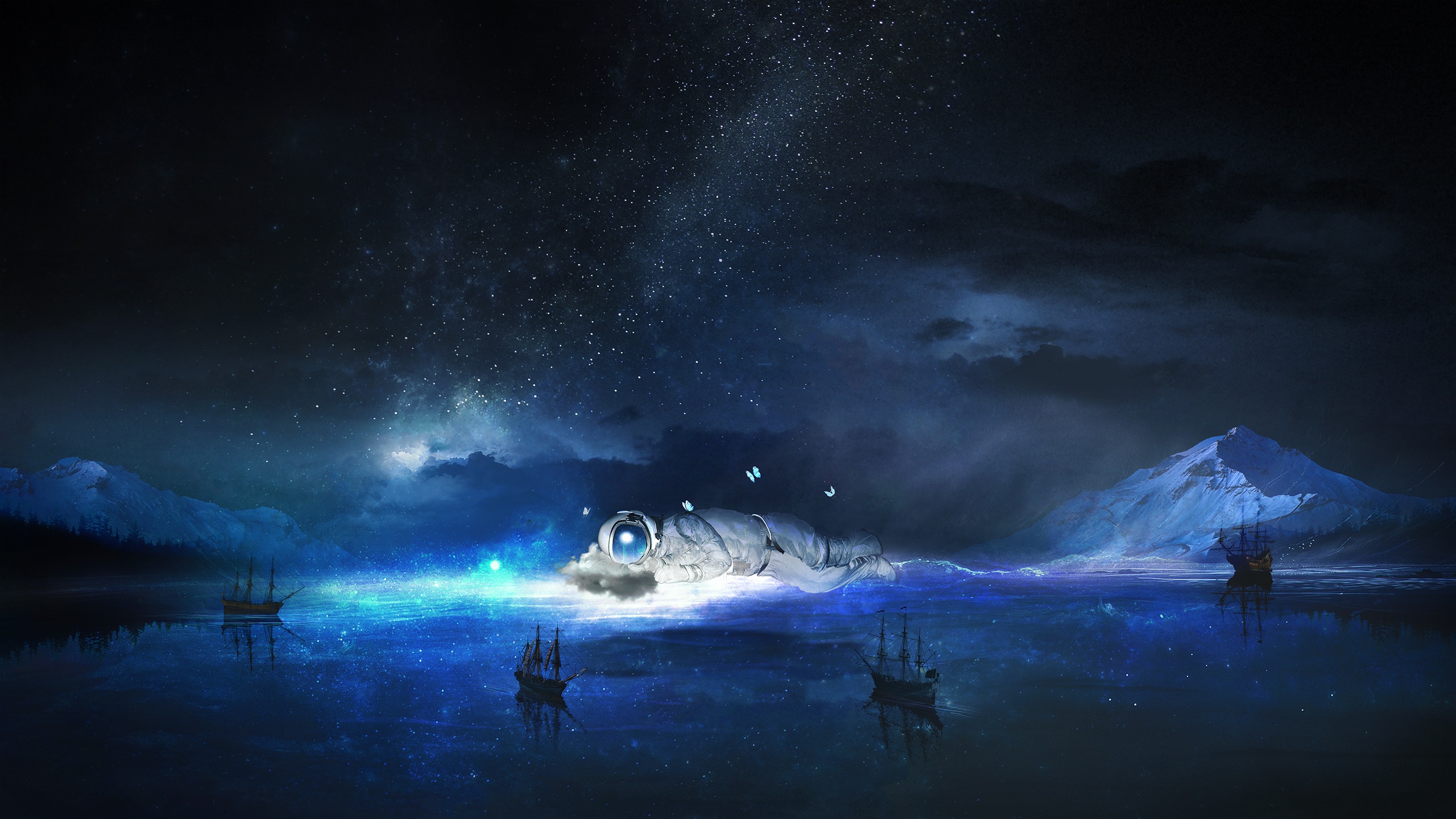 General 2560x1440 dark artwork astronaut fantasy art blue digital art