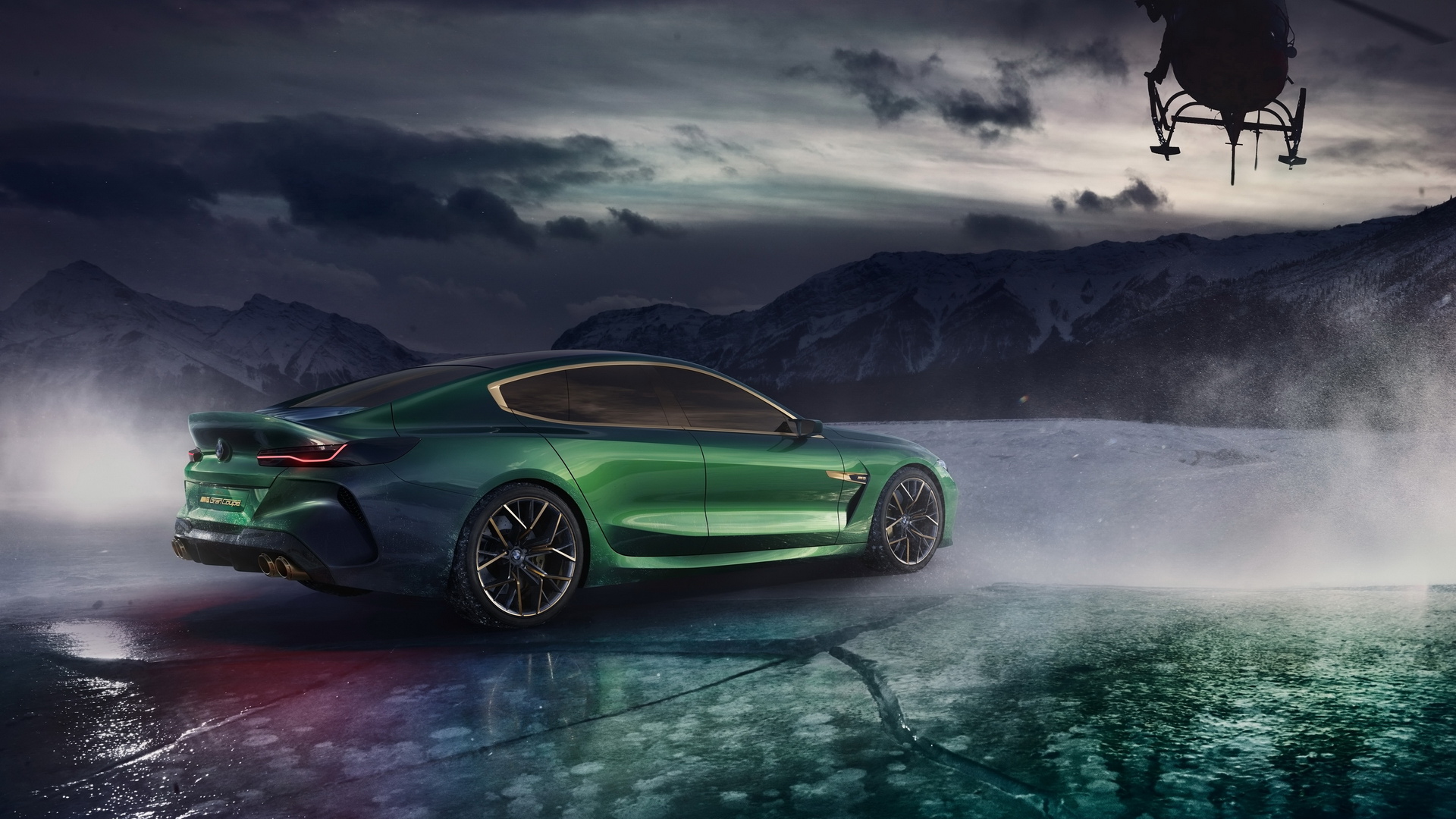 General 1920x1080 BMW car BMW 8 series BMW G14/G15/G16 green cars ice frozen lake helicopters mountains