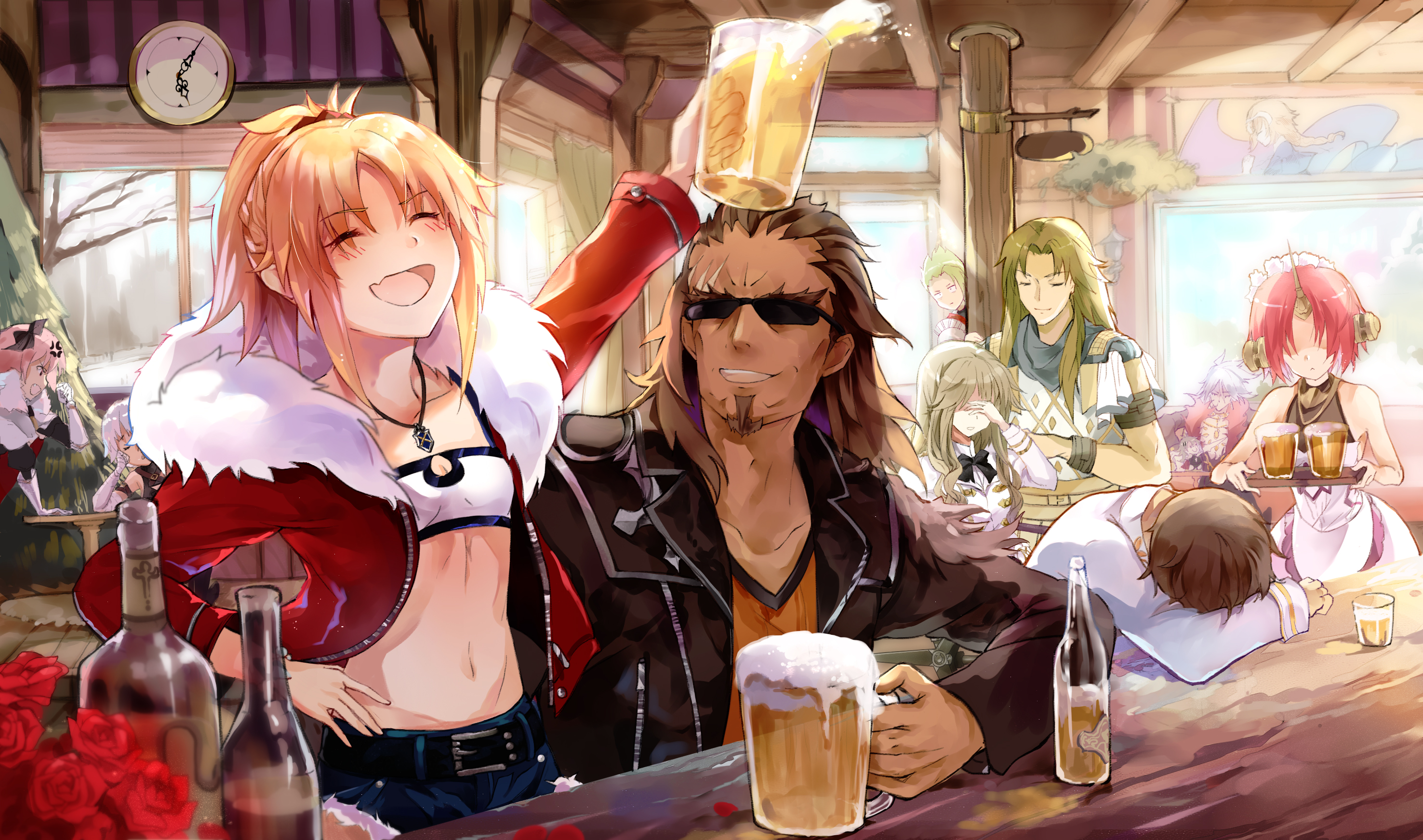 Anime 2953x1744 Fate series Fate/Grand Order Fate/Apocrypha  anime girls anime boys long hair short hair brunette green hair pink hair silver hair black jackets red jackets beer drunk small boobs femboy closed eyes ponytail belly button 2D Mordred (Fate/Apocrypha) Frankenstein (Fate/Apocrypha) Astolfo (Fate/Apocrypha) Jack the Ripper (Fate/Apocrypha) open mouth jean shorts maid outfit hair in face scars armor pub fan art
