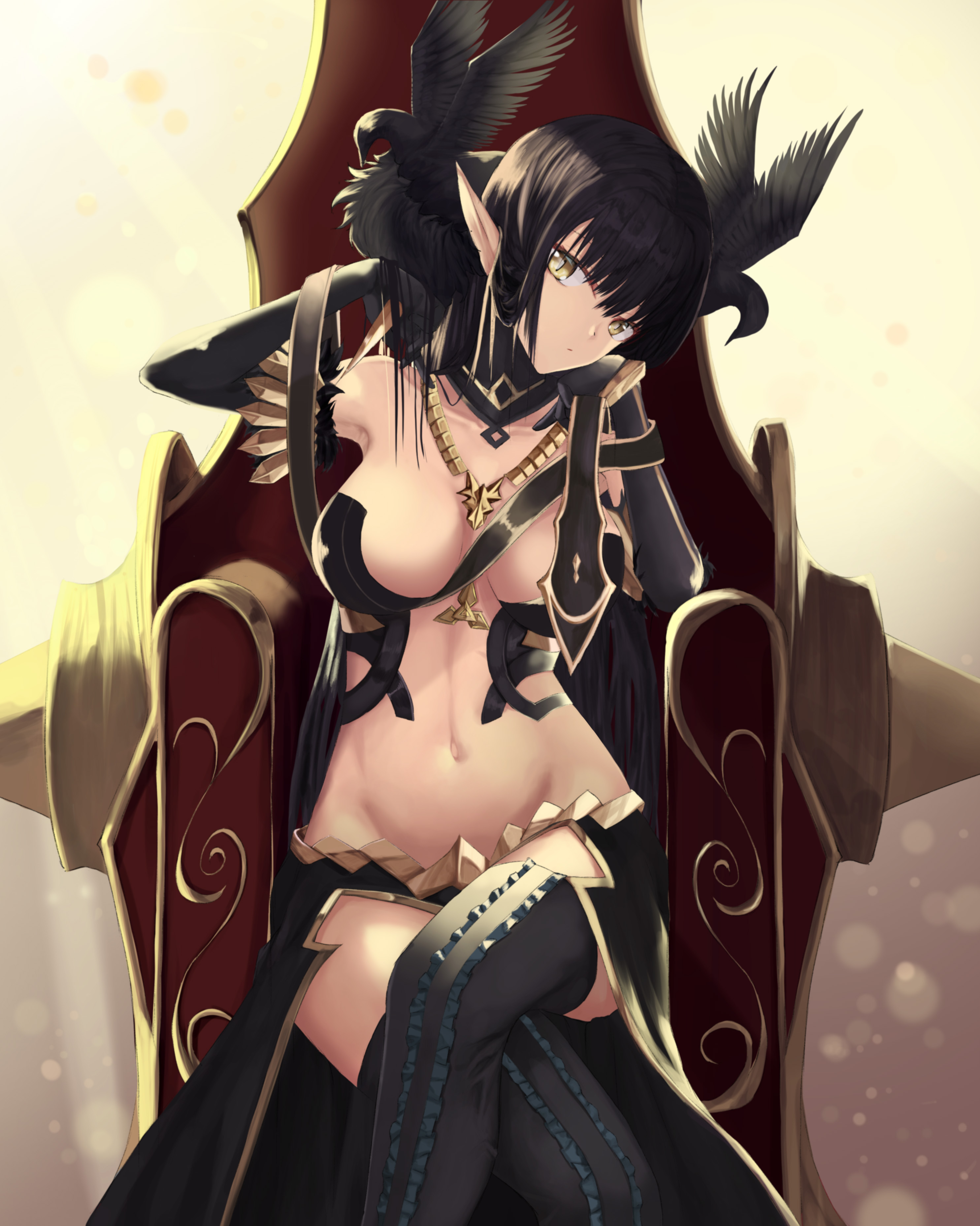 Anime 2970x3715 Fate/Apocrypha  Fate series big boobs belly button thighs bare shoulders 2D black boots detached sleeves anime girls bangs yellow eyes curvy Assassin of Red (Semiramis) (Fate/Apocrypha) ecchi pointy ears portrait display anime jewelry belly fan art Fate/Grand Order