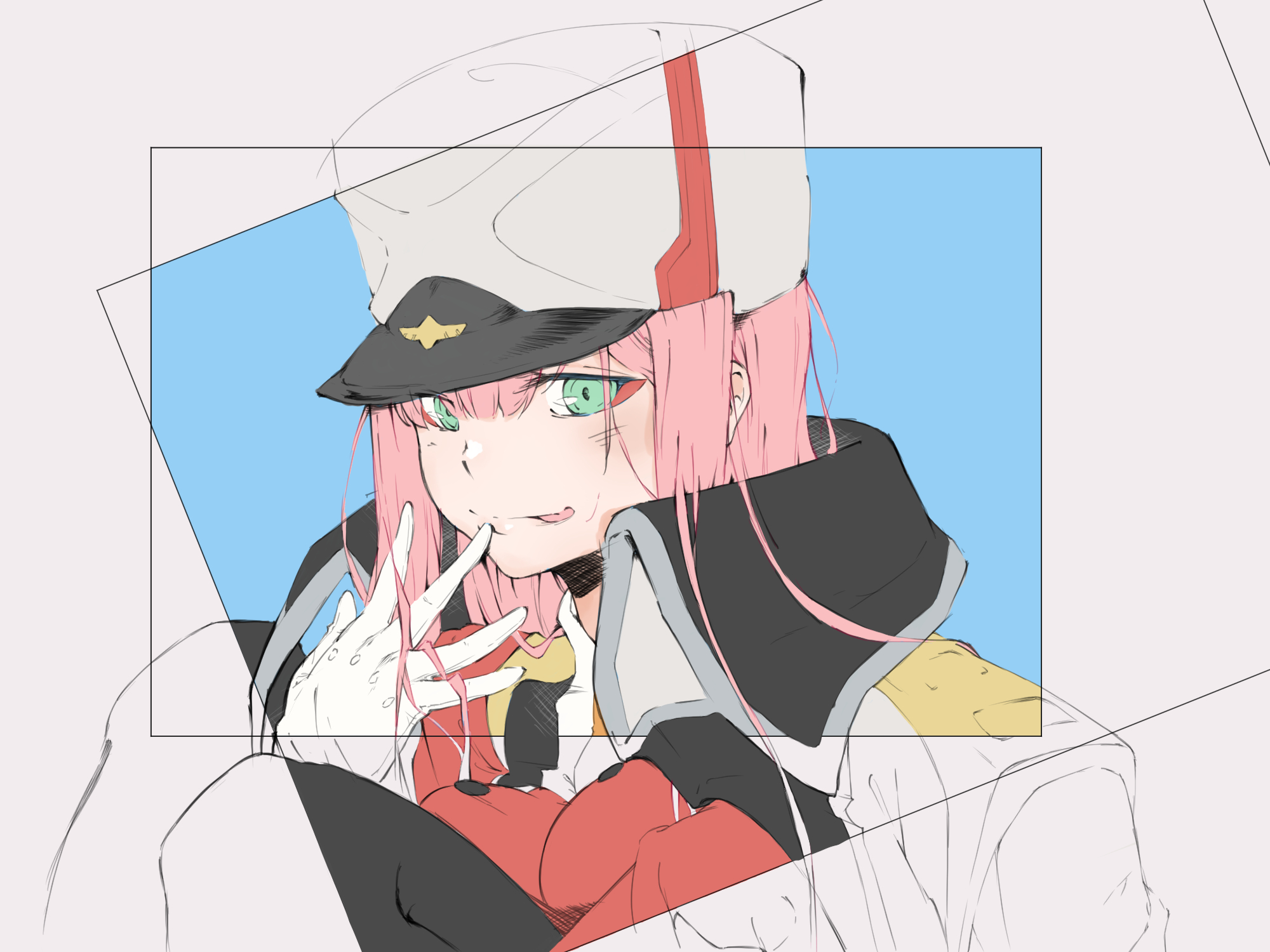 Anime 2000x1500 Darling in the FranXX Zero Two (Darling in the FranXX) anime girls pink hair long hair military uniform female soldier tongue out blushing white gloves 2D simple background fan art green eyes finger in mouth