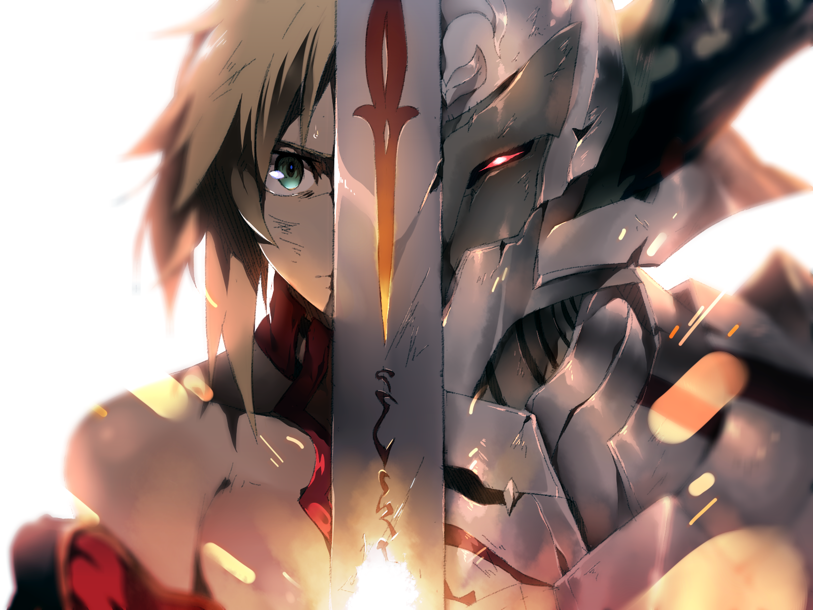 Anime 1600x1200 Fate series Fate/Apocrypha  anime girls female warrior armored woman 2D anime looking at viewer green eyes bangs no bra women with swords Mordred (Fate/Apocrypha) fantasy armor simple background fan art Fate/Grand Order blonde