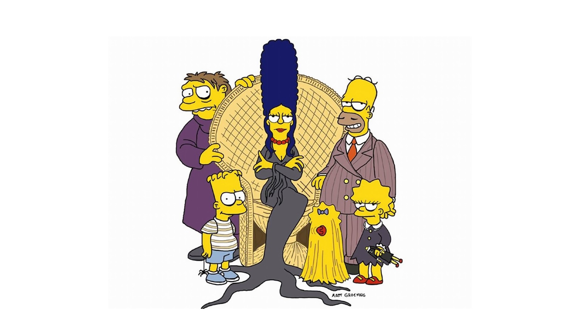 General 1920x1080 The Simpsons Homer Simpson Bart Simpson Marge Simpson Lisa Simpson Maggie Simpson The Addams Family Halloween Wednesday Addams crossover TV series simple background white background