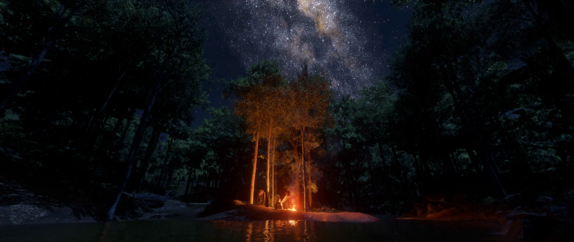 General 1920x810 Rockstar Games Red Dead Redemption 2 forest screen shot star trails night sky campfire stars Red Dead Redemption
