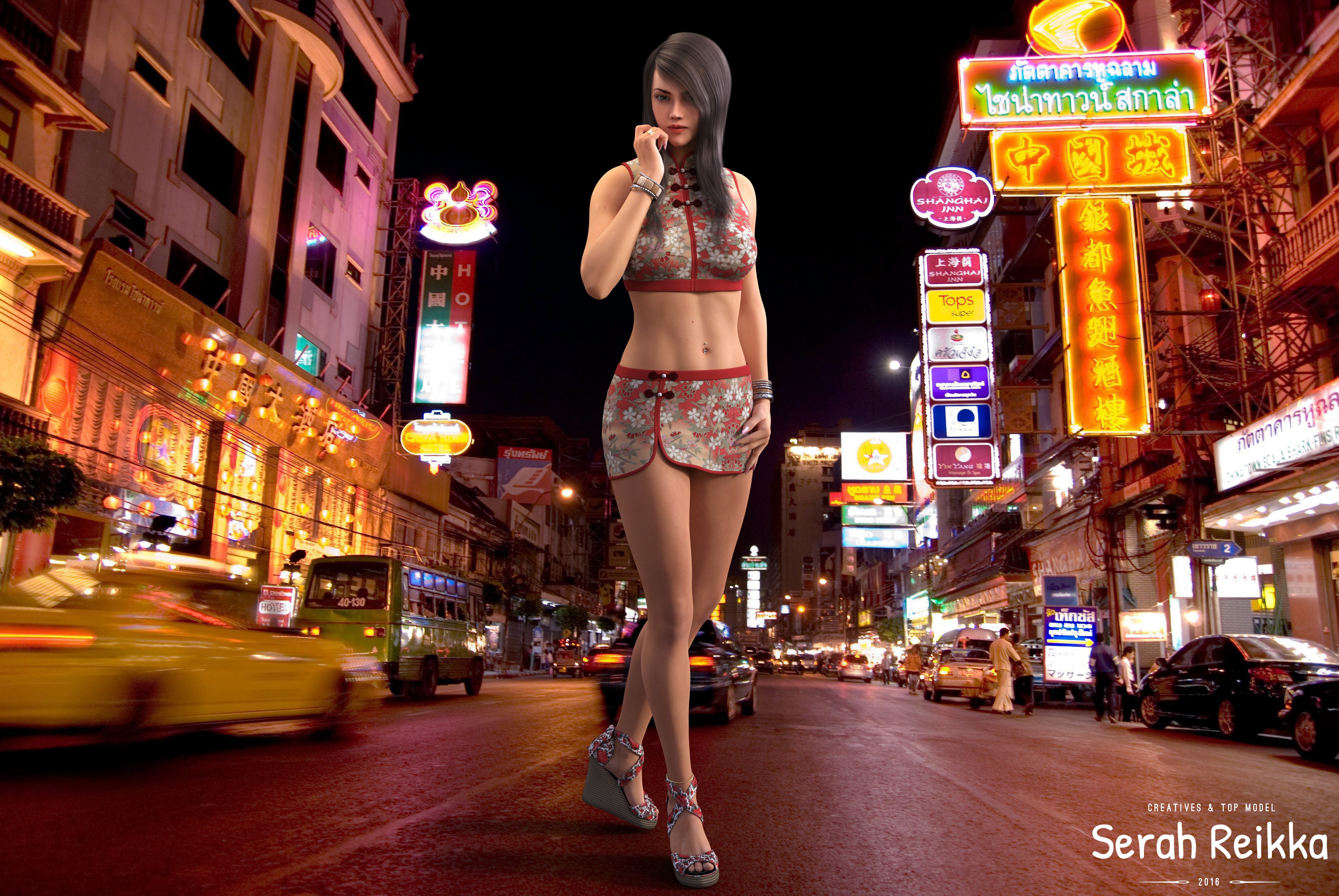 General 3872x2592 women Japanese women CGI digital art Chinese dress black hair belly high heels nails night model fitness model Serah Reikha