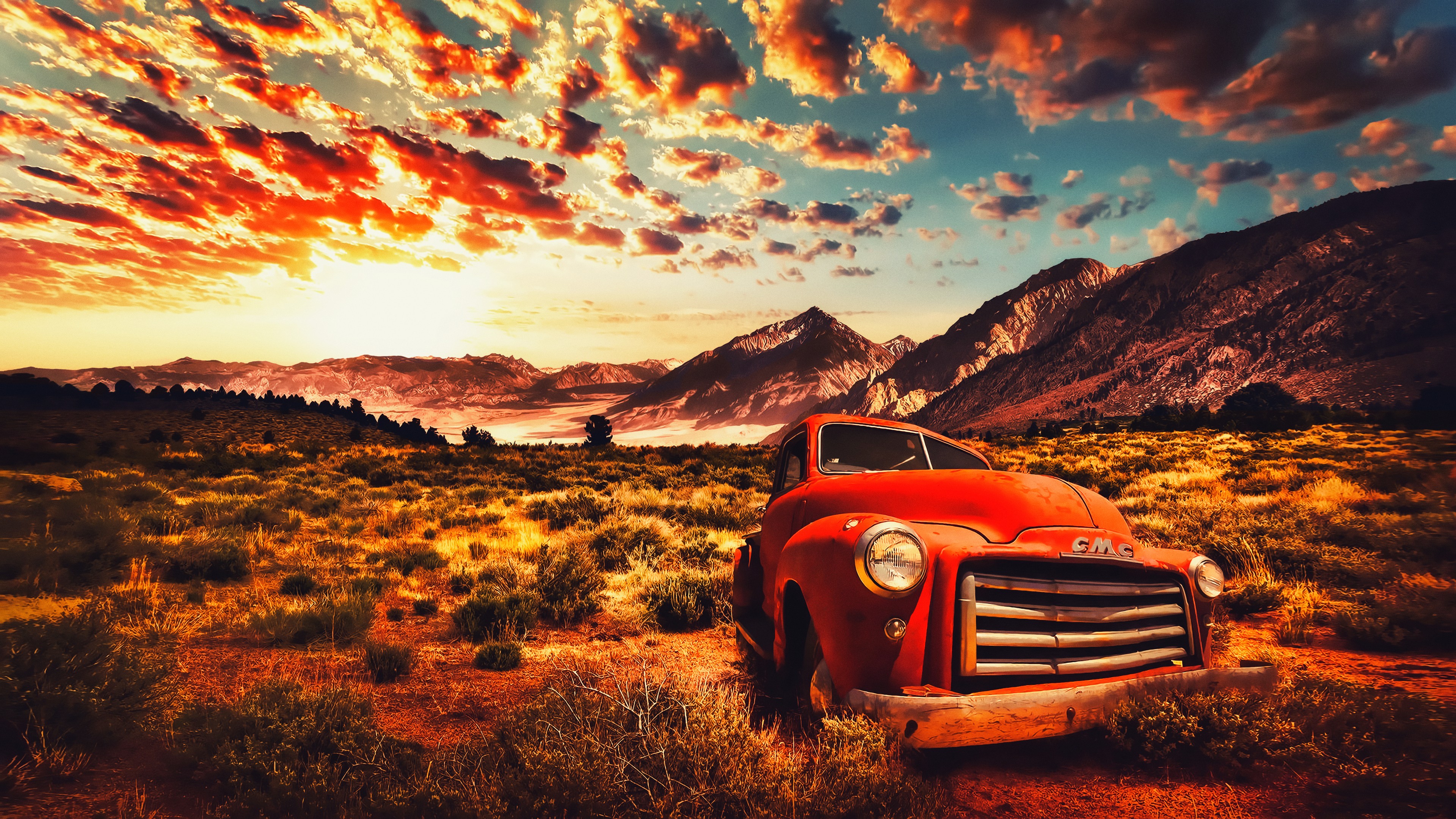 General 3840x2160 road USA California desert sand wreck colorful GMC rust shrubbery orange cars