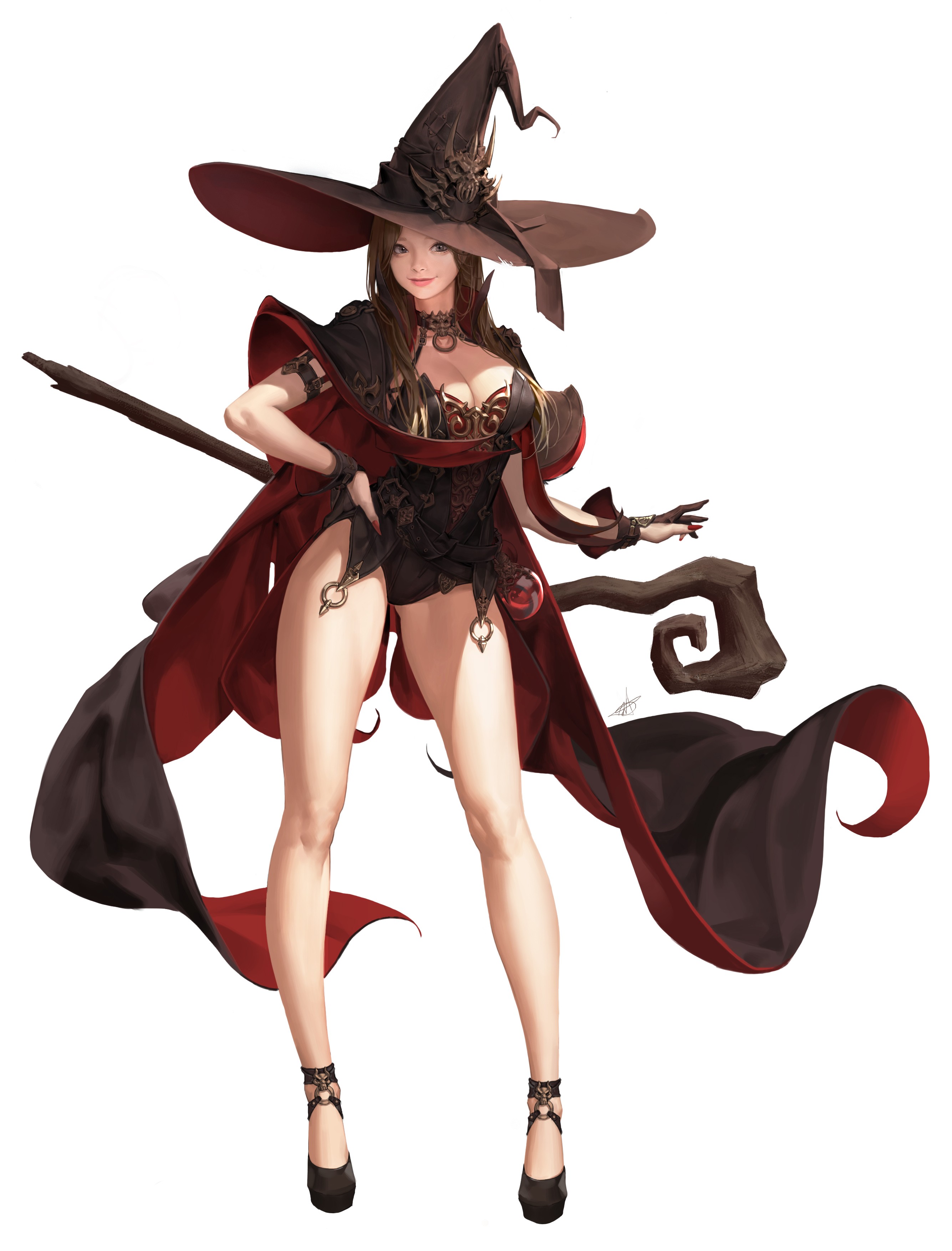 Anime 2669x3508 anime anime girls cleavage heels weapon witch open shirt witch hat long hair brunette Daeho Cha