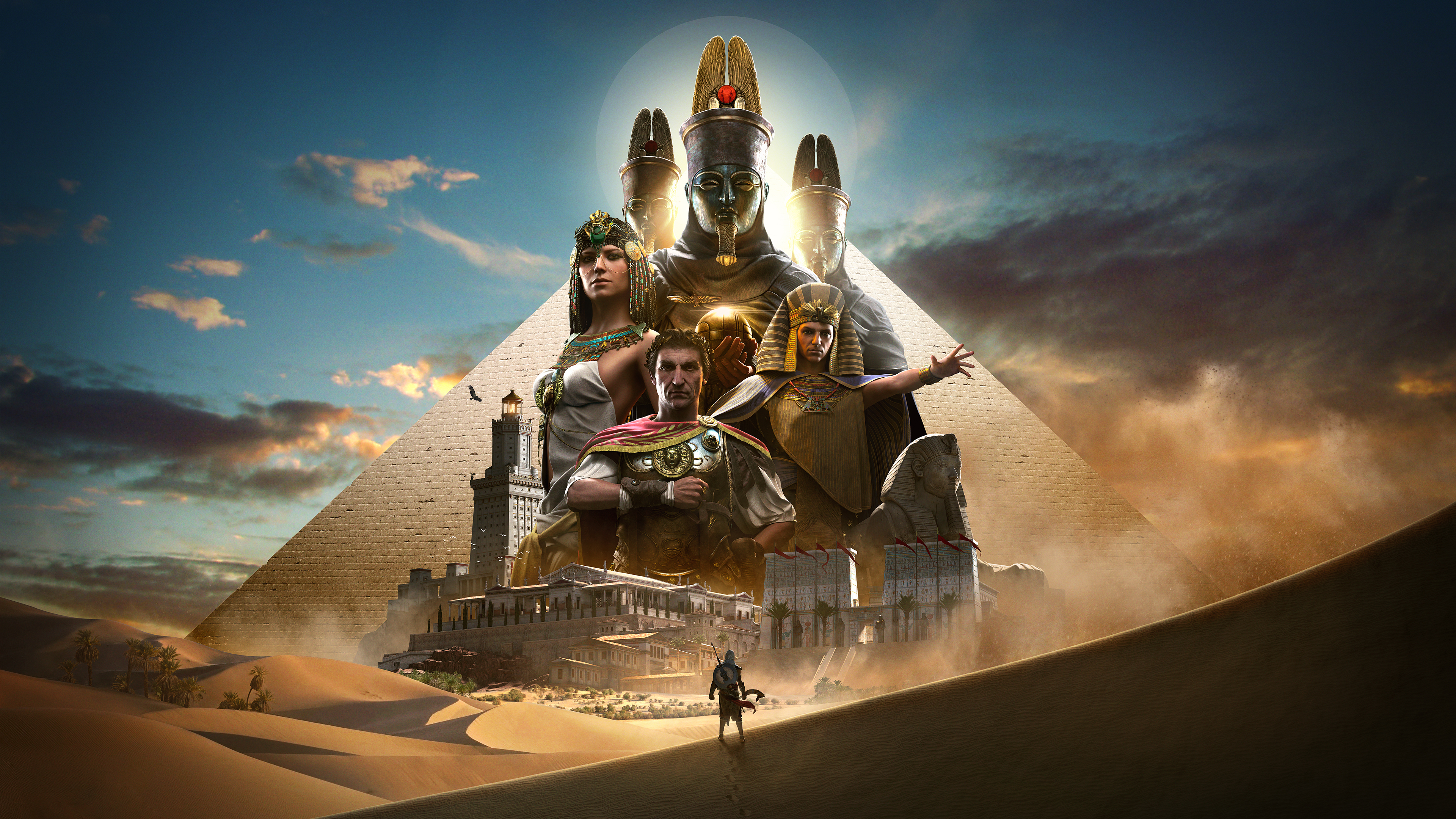 General 3840x2160 Assassin's Creed: Origins video games artwork Assassin's Creed Egypt Pyramids of Giza Julius Caesar Cleopatra Ubisoft Bayek PC gaming video game art pyramid Ptolemy XIII