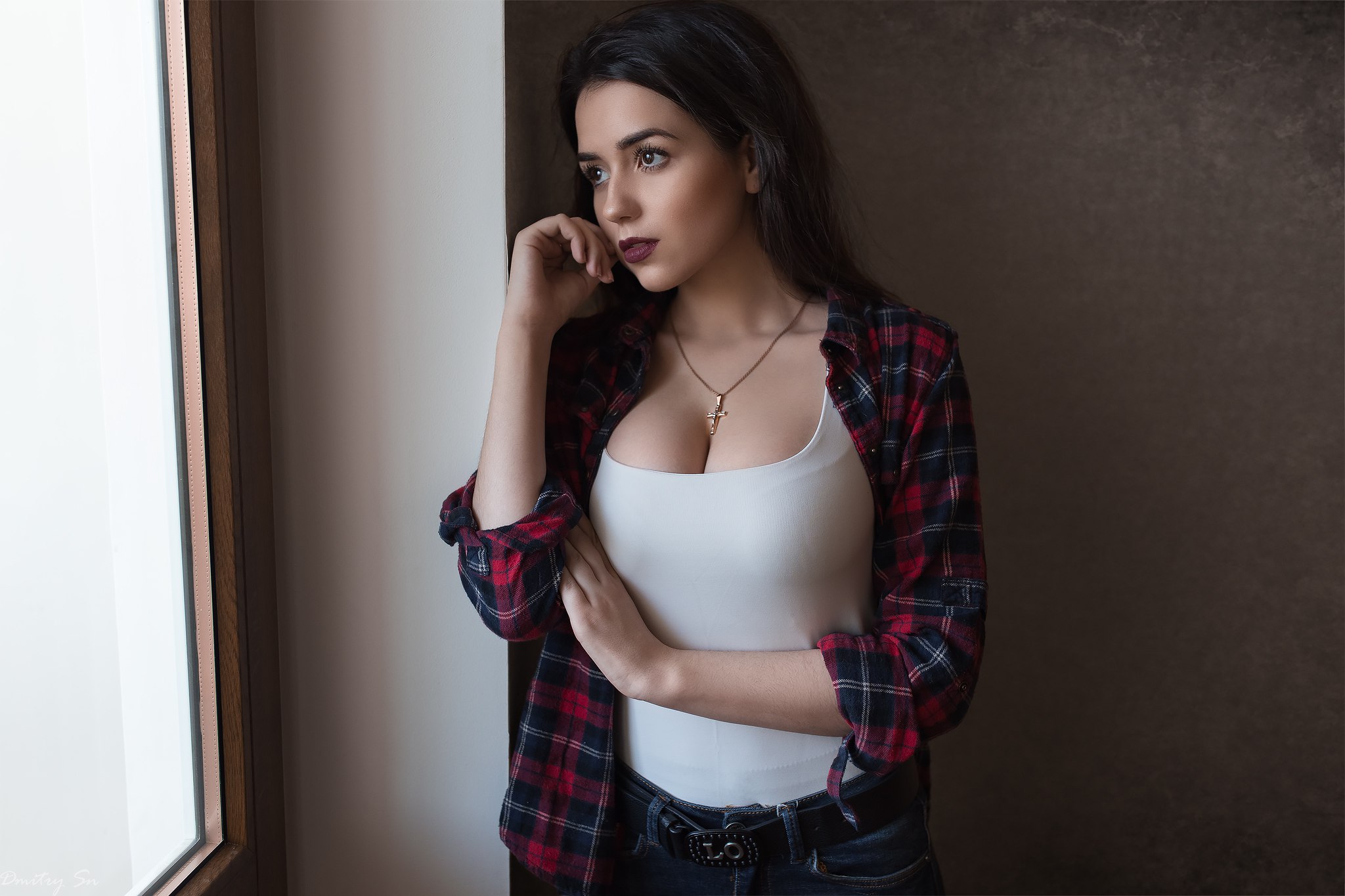People 2048x1365 Dmitry Shulgin window women necklace red lipstick looking into the distance white tops plaid shirt cleavage big boobs open shirt looking out window brown eyes Kristina crucifix necklace by the window belt black belt