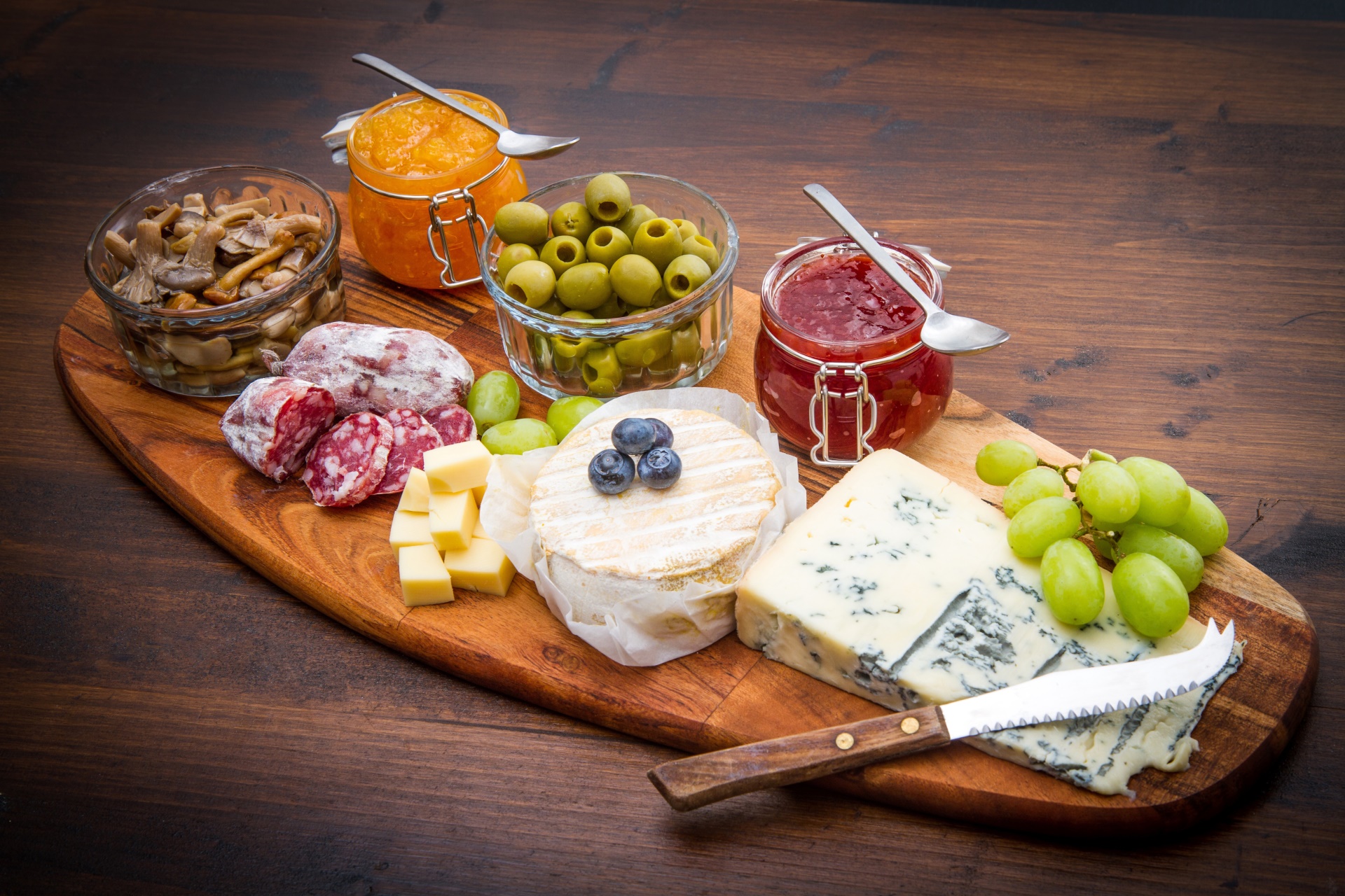General 1920x1280 still life food blueberries cheese grapes olives mushroom cutting board Jam wooden surface