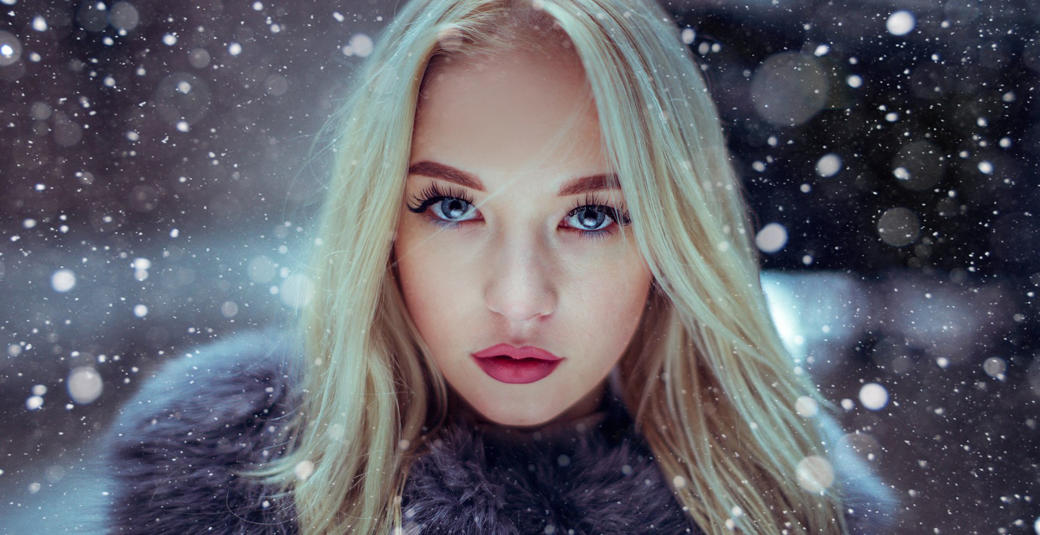 People 2099x1080 Uliana Verenchikova women blonde face portrait blue eyes fur coats