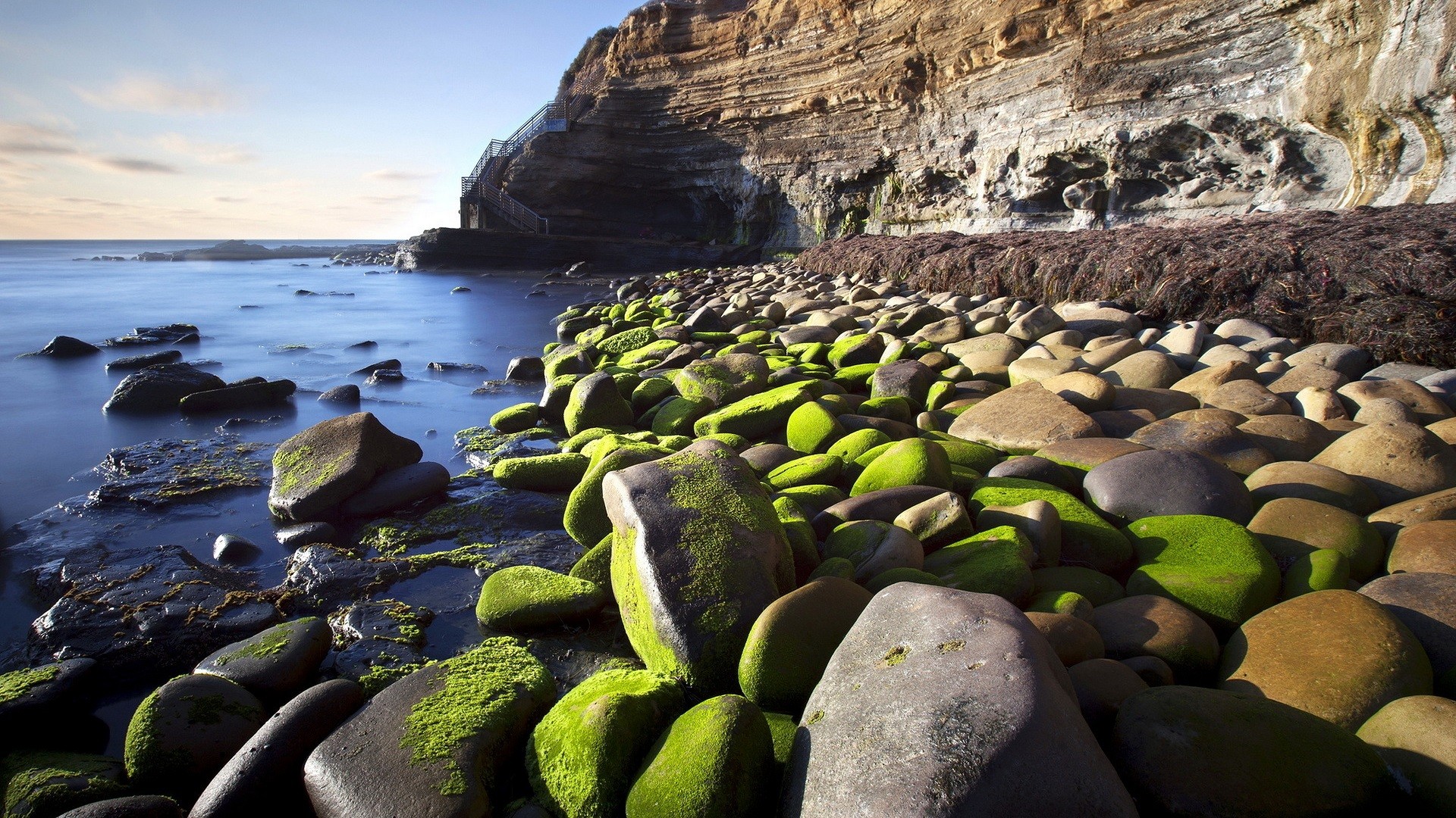 General 1920x1080 nature beach stones sea rocks cliff moss