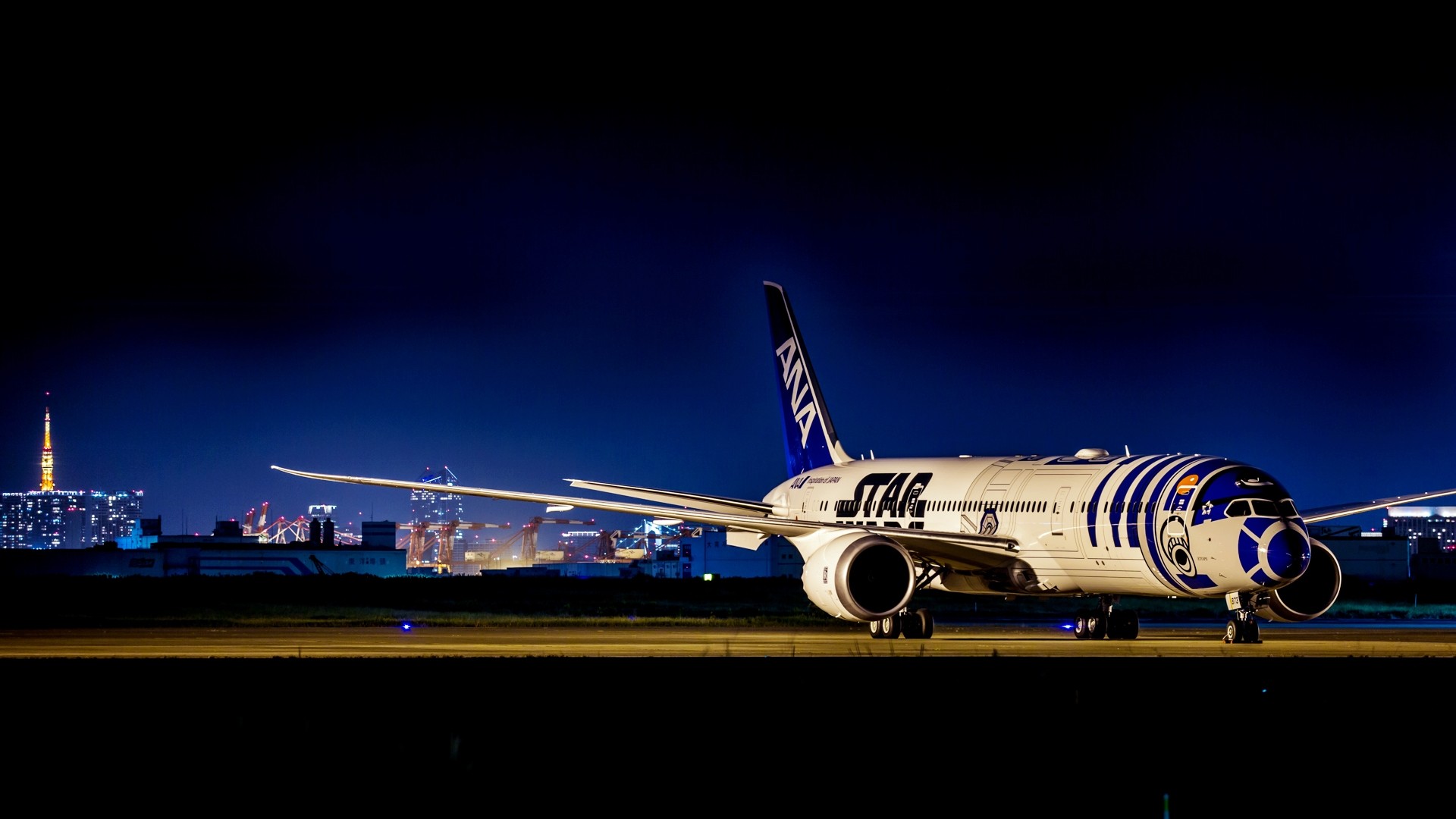 General 1920x1080 airplane Boeing photography Boeing 787 Star Wars R2-D2 airline livery night All Nippon Airways