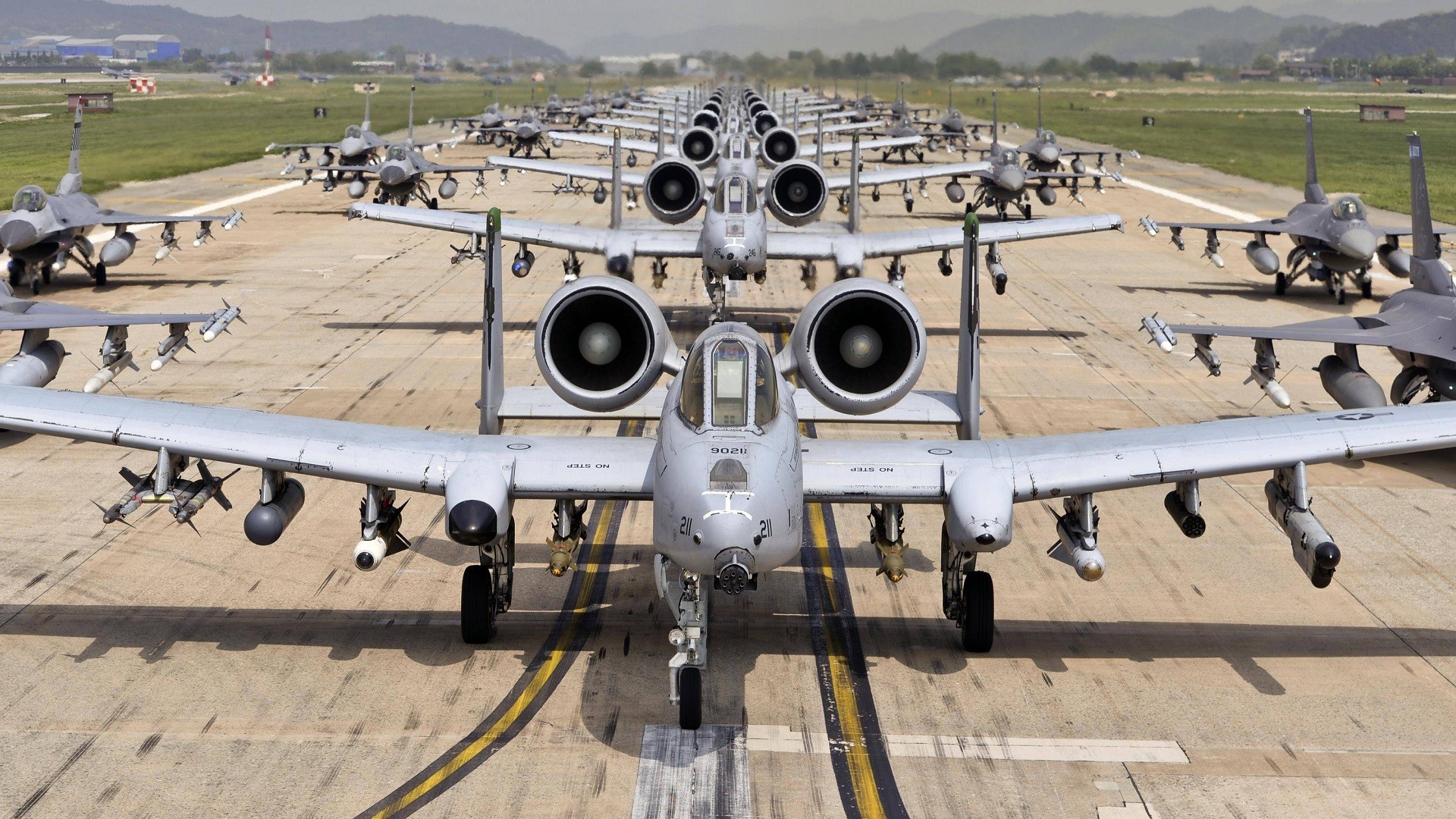 General 1920x1080 Fairchild Republic A-10 Thunderbolt II General Dynamics F-16 Fighting Falcon aircraft military military aircraft military vehicle Elephant Walk jets airplane US Air Force South Korea 2016 (year) runway jet fighter Attacker military base line-up American aircraft