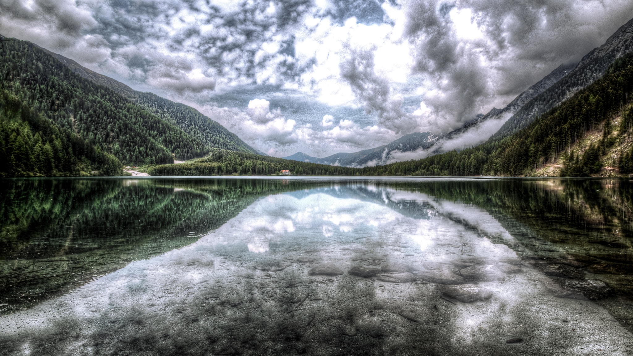 General 2048x1152 calm clouds mist forest overcast lake mountains landscape nature outdoors panorama reflection wood water
