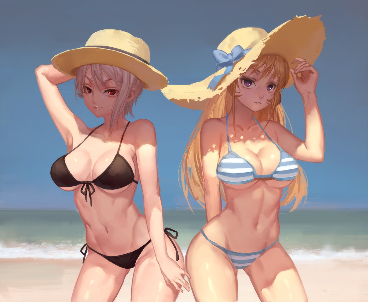 Anime 1500x1232 Nakiri Alice Nakiri Erina Shokugeki no Souma anime girls cleavage bikini beach