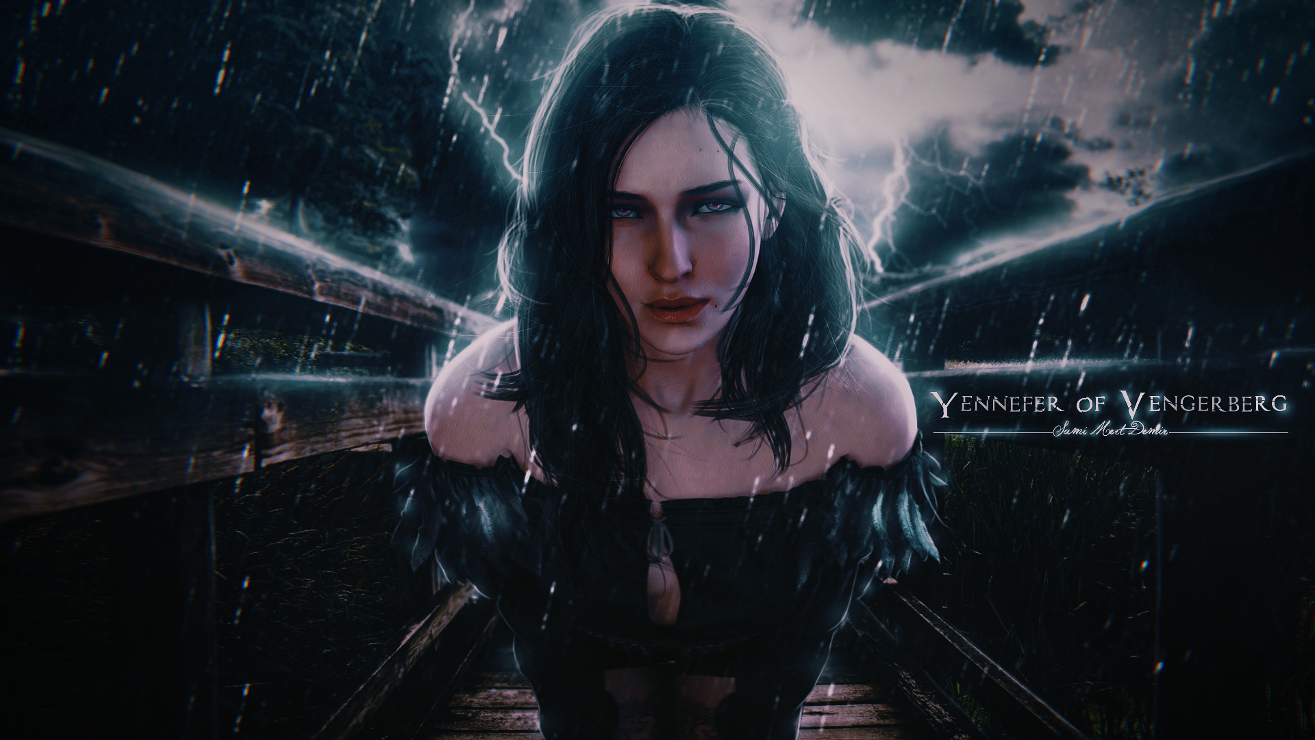 General 1920x1080 Yennefer of Vengerberg The Witcher 3: Wild Hunt video games photo manipulation rain lightning fantasy girl The Witcher frontal view