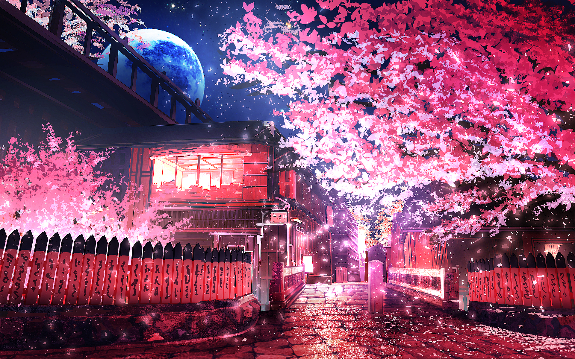 Anime 1920x1200 cherry trees Kyoto anime trees city Moon lights urban Japan Asia cherry blossom Smile (artist)