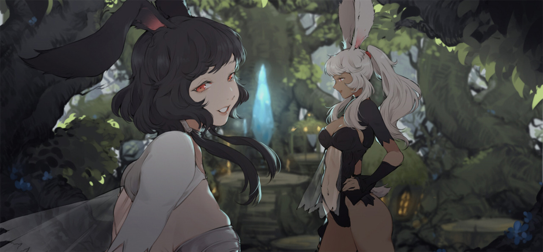 Anime 1832x850 anime girls bunny suit bare shoulders thighs Final Fantasy XIV: Shadowbringers viera