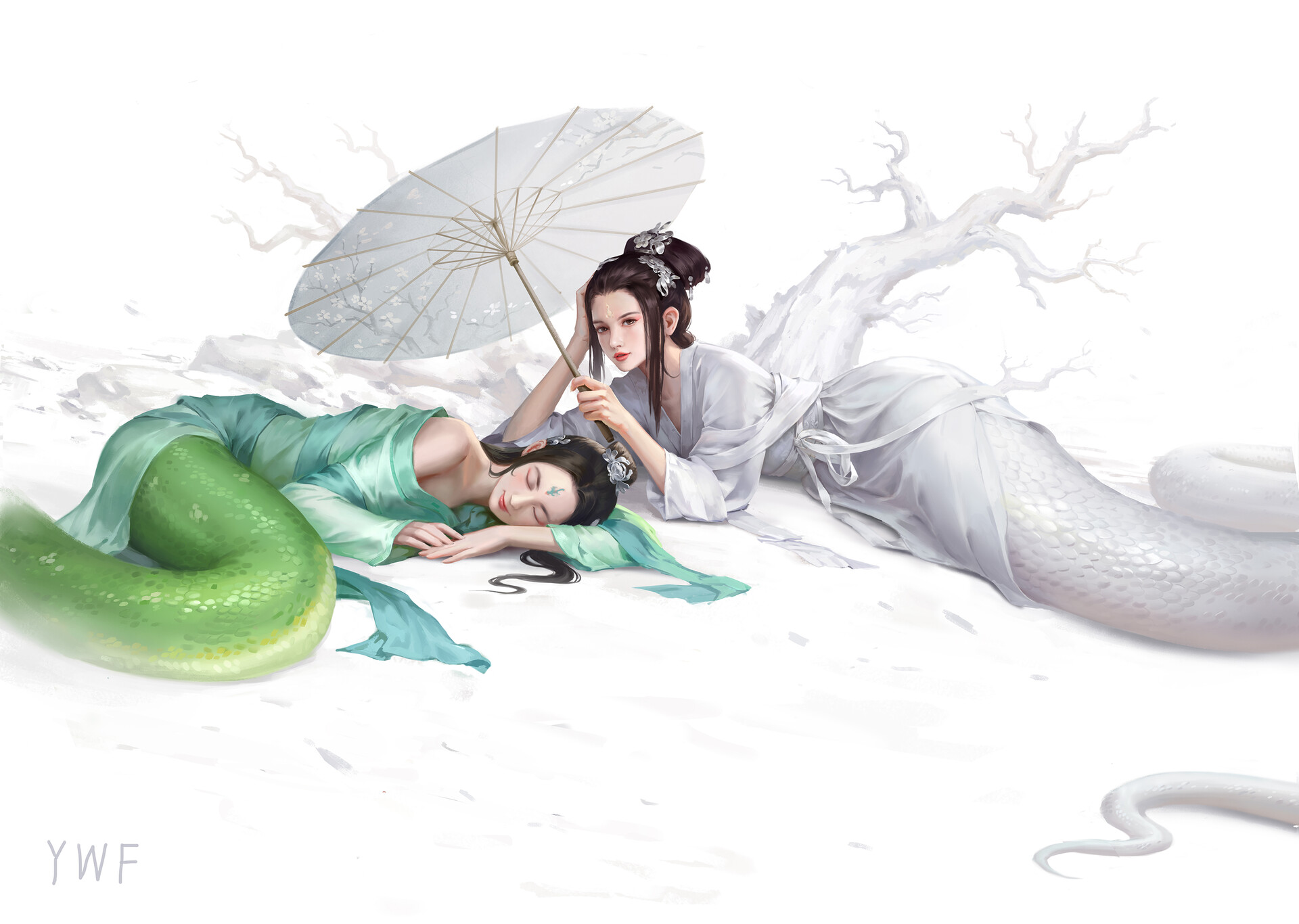 General 1920x1366 artwork women Asian monster girl Lamia sleeping two women