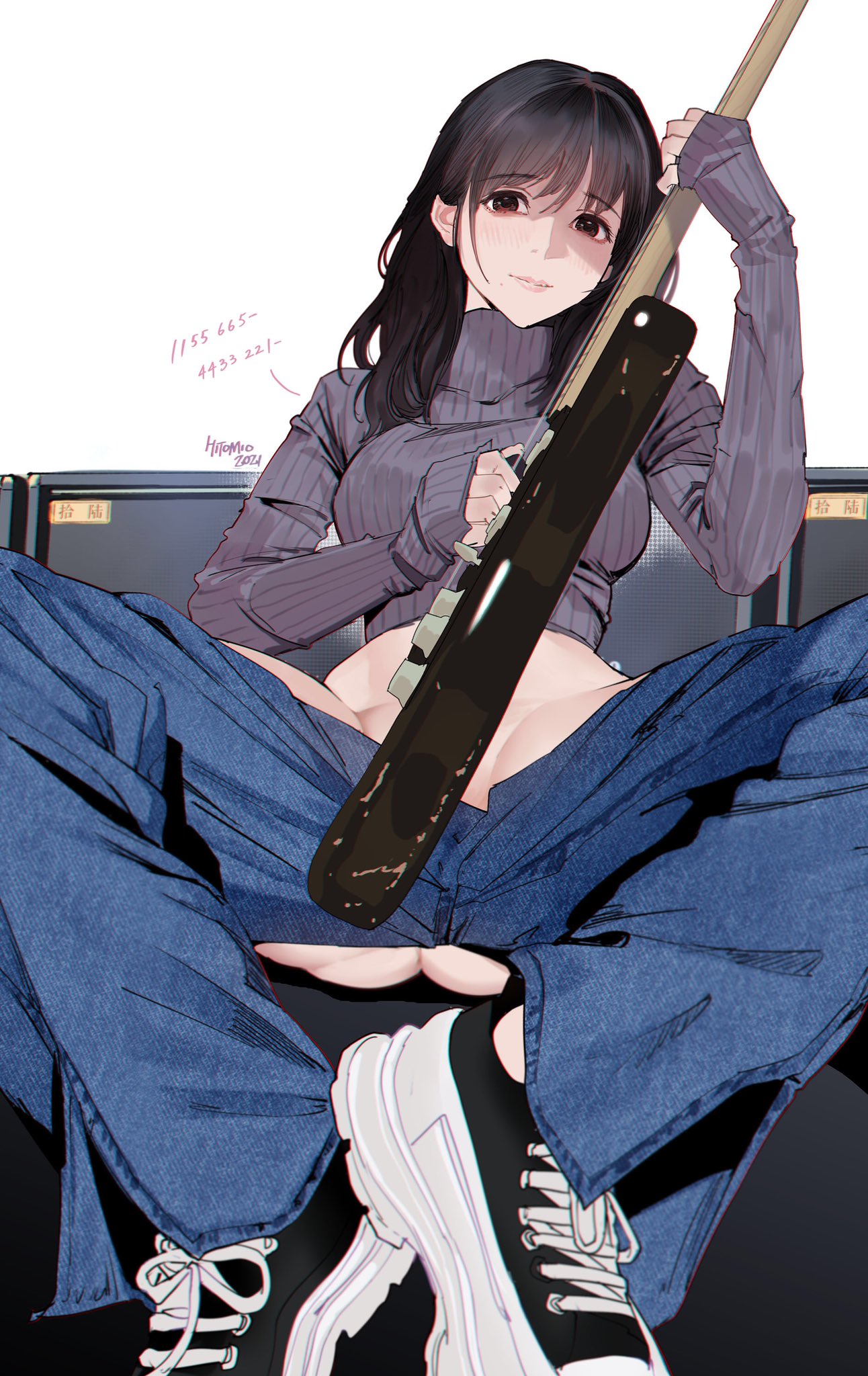 Anime 1292x2048 guitar anime girls dark hair sweater pants nopan strategic covering artwork Hitomio Fender ass crop top Guitar Sister (Hitomio)