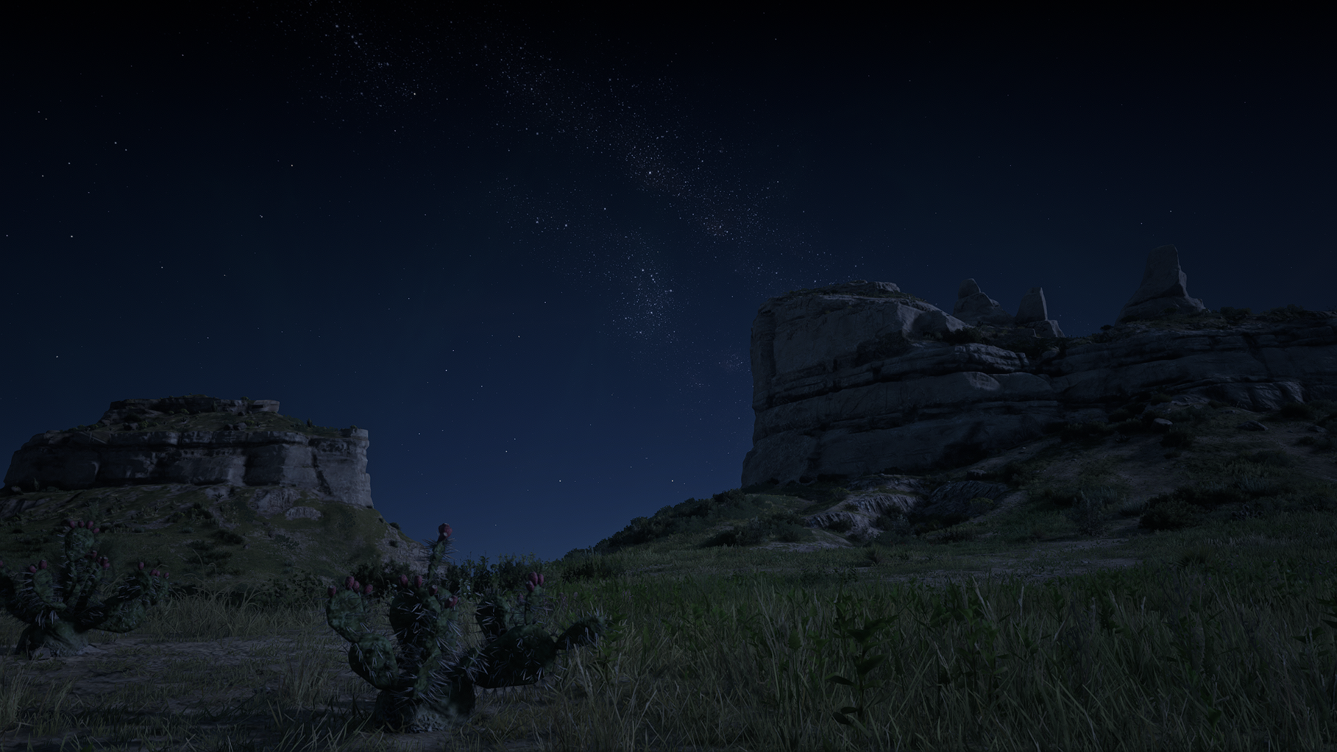 General 1920x1080 Red Dead Redemption 2 night moonlight nature landscape spoilers screen shot cliff stars foliage