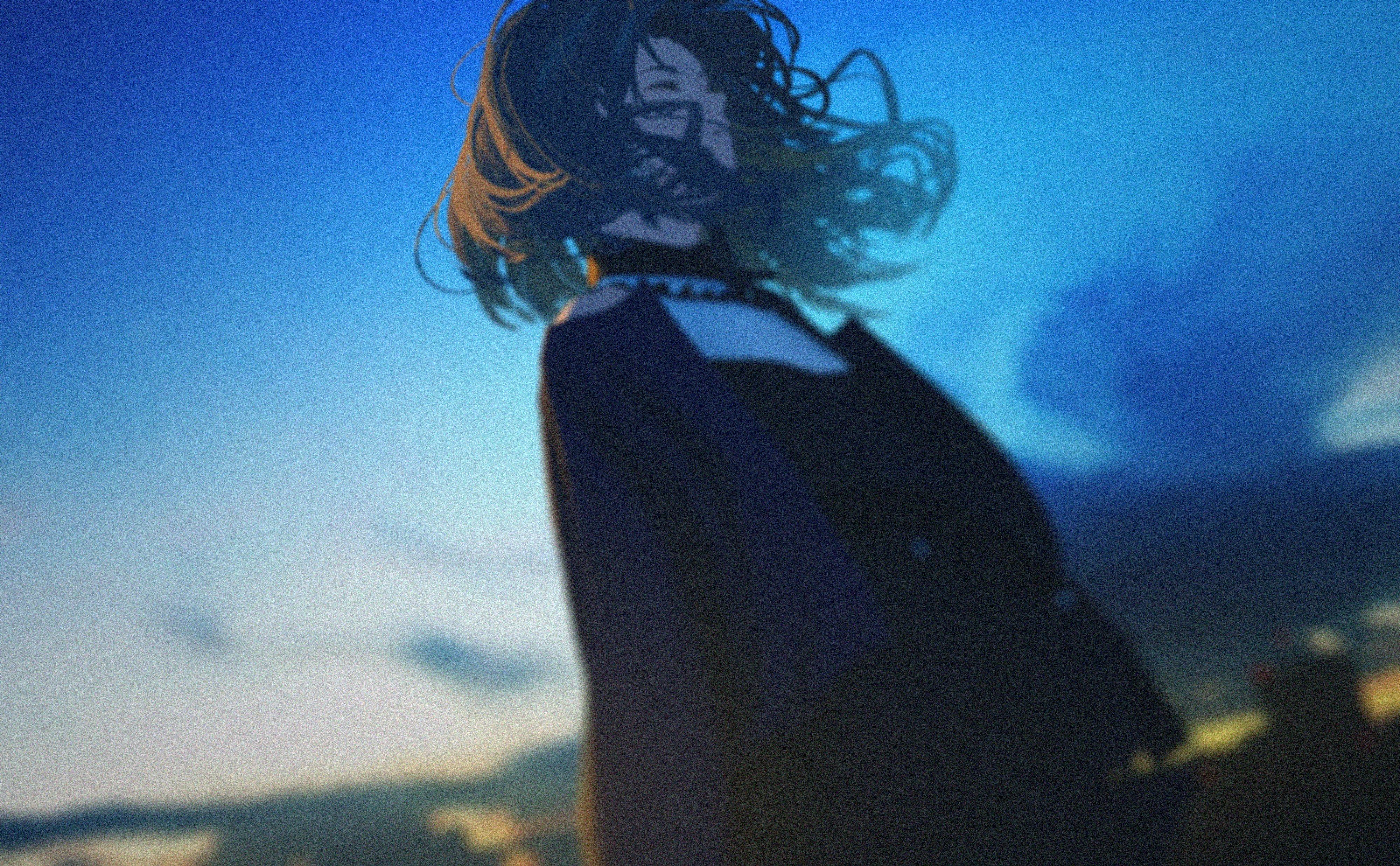 Anime 4000x2474 anime anime girls Hoshimachi Suisei Hololive sky clouds long hair closed eyes blue hair dress noise blurred Pixiv