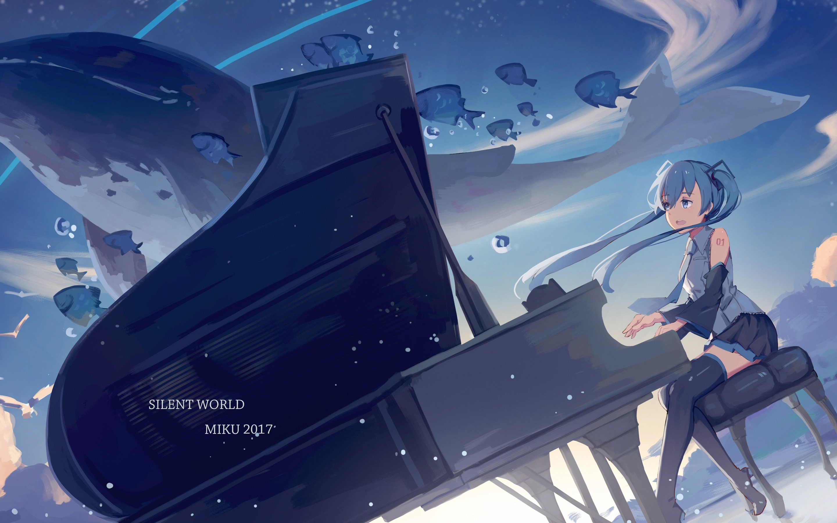Anime 2880x1800 anime girls piano musical instrument sitting anime stockings miniskirt blue hair underwater fish animals long hair music 2017 (Year) Vocaloid Hatsune Miku