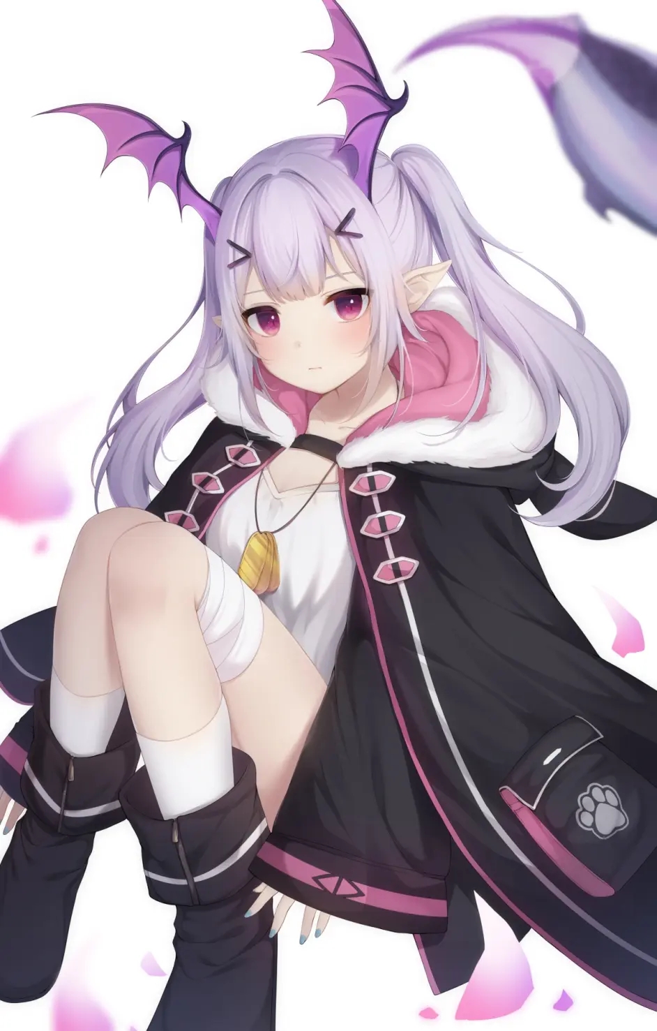 Anime 942x1477 anime girls anime succubus knees together pointy ears purple hair looking at viewer sitting artwork Amashiro Natsuki Manticore (Arknights) Arknights