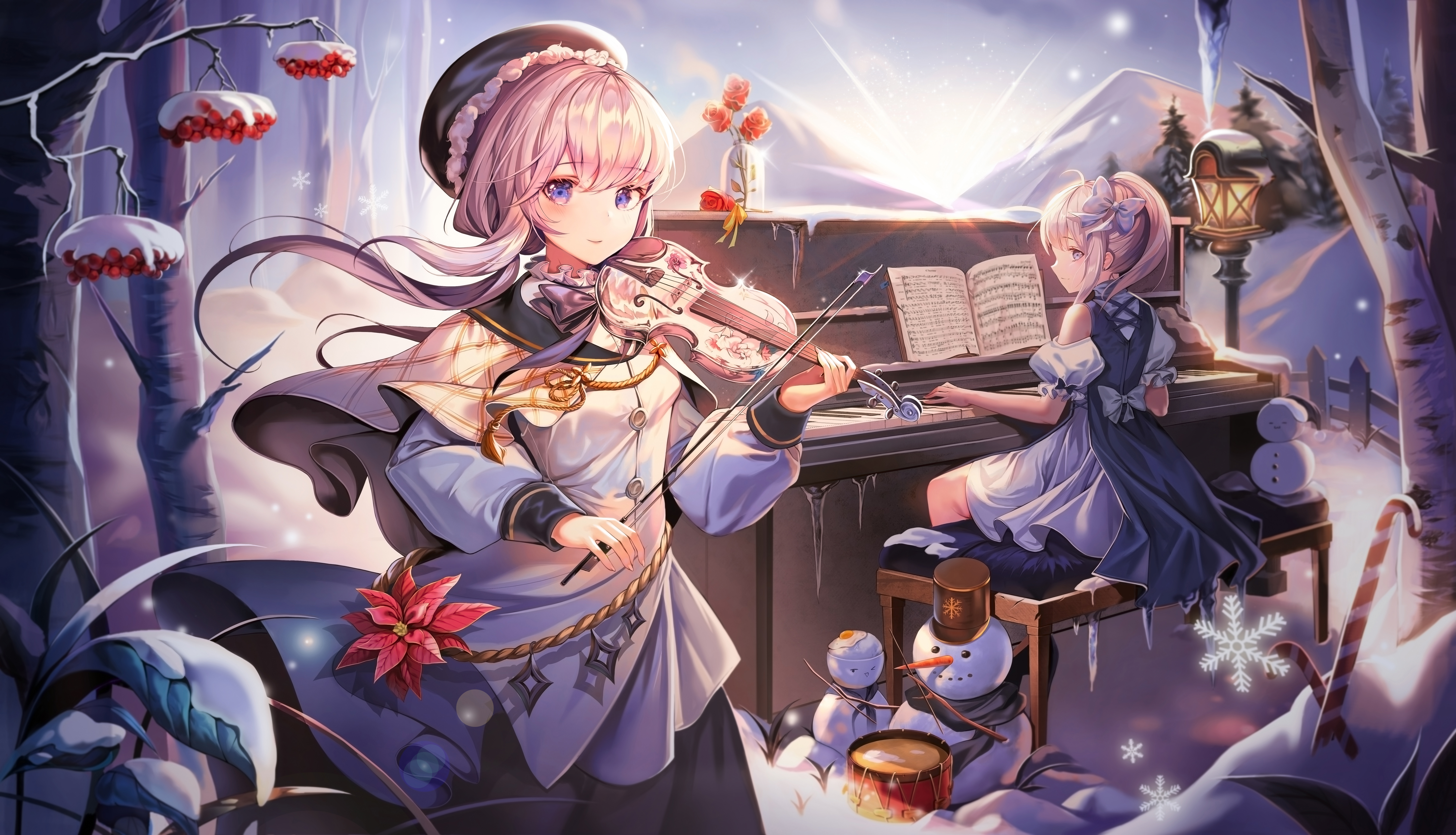 Anime 7891x4528 violin piano pink hair purple eyes ribbon snow snowman anime girls Harusame anime