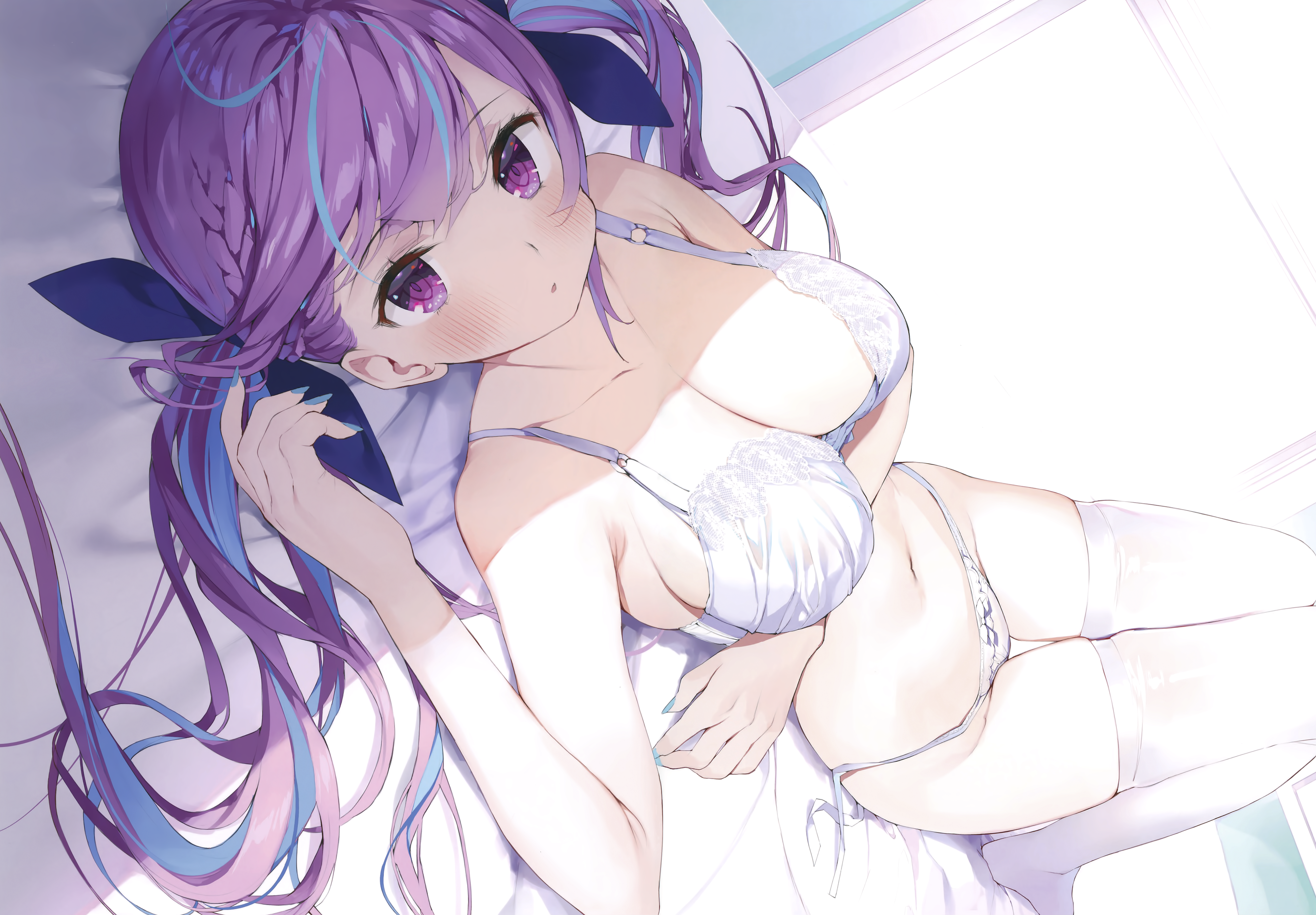 Anime 5600x3892 Hololive Minato Aqua purple eyes purple hair twintails underwear ponytail blushing big boobs thigh-highs in bed lying on back anime girls Gaou