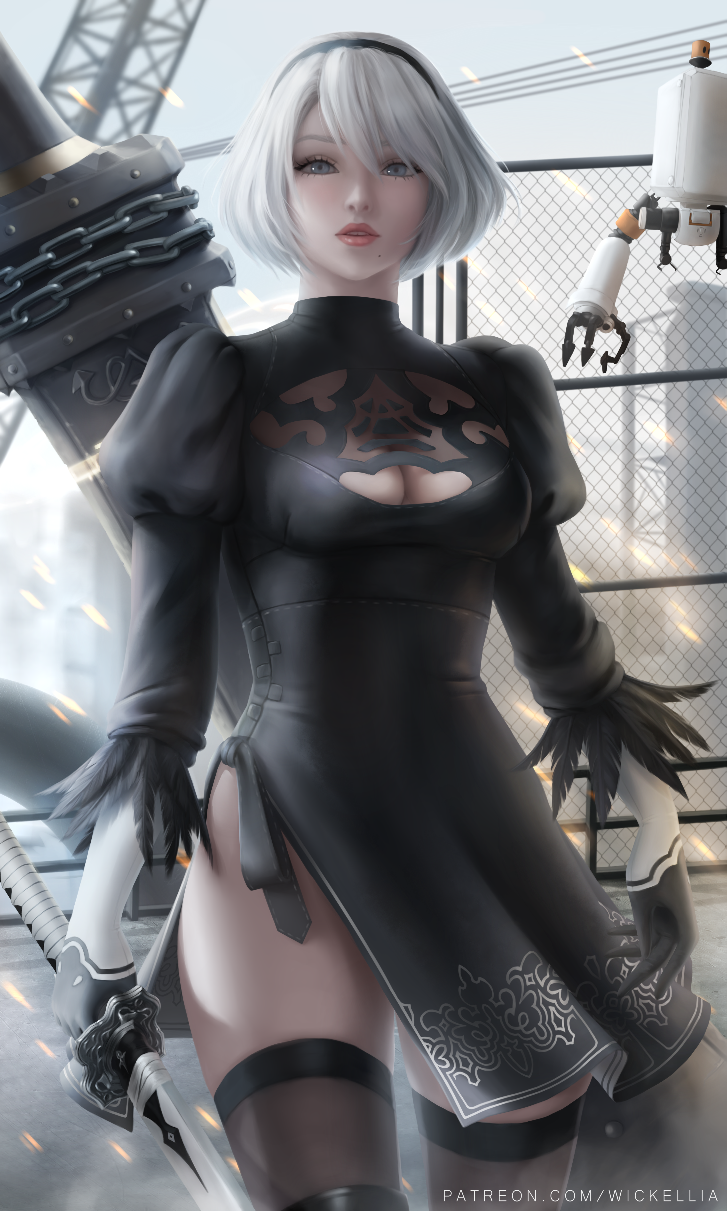 General 3000x5000 2B (Nier: Automata) Nier: Automata white hair headband video games video game girls looking at viewer parted lips dress black dress cleavage katana sword weapon stockings black stockings robot portrait display gloves artwork drawing video game characters fan art digital art illustration Wickellia