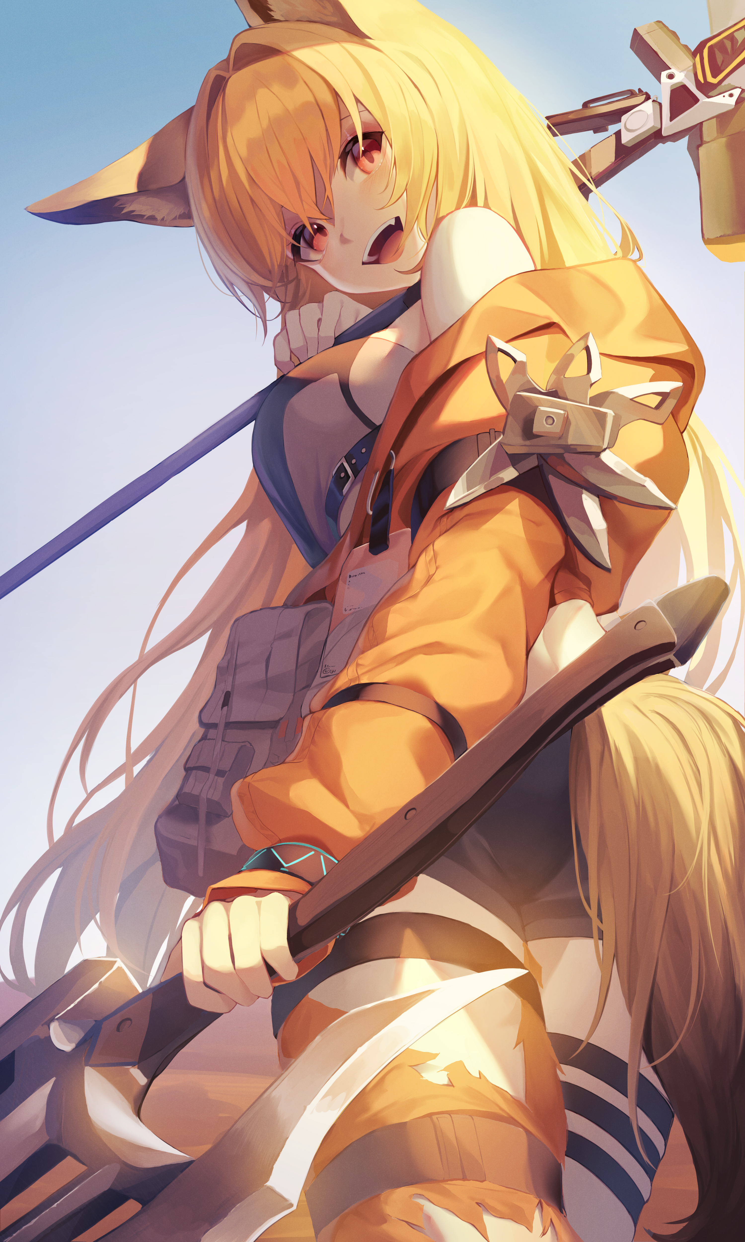 Anime 3000x5000 anime anime girls Yanagi Ceobe (Arknights) Arknights animal ears tail blonde long hair red eyes open mouth short shorts