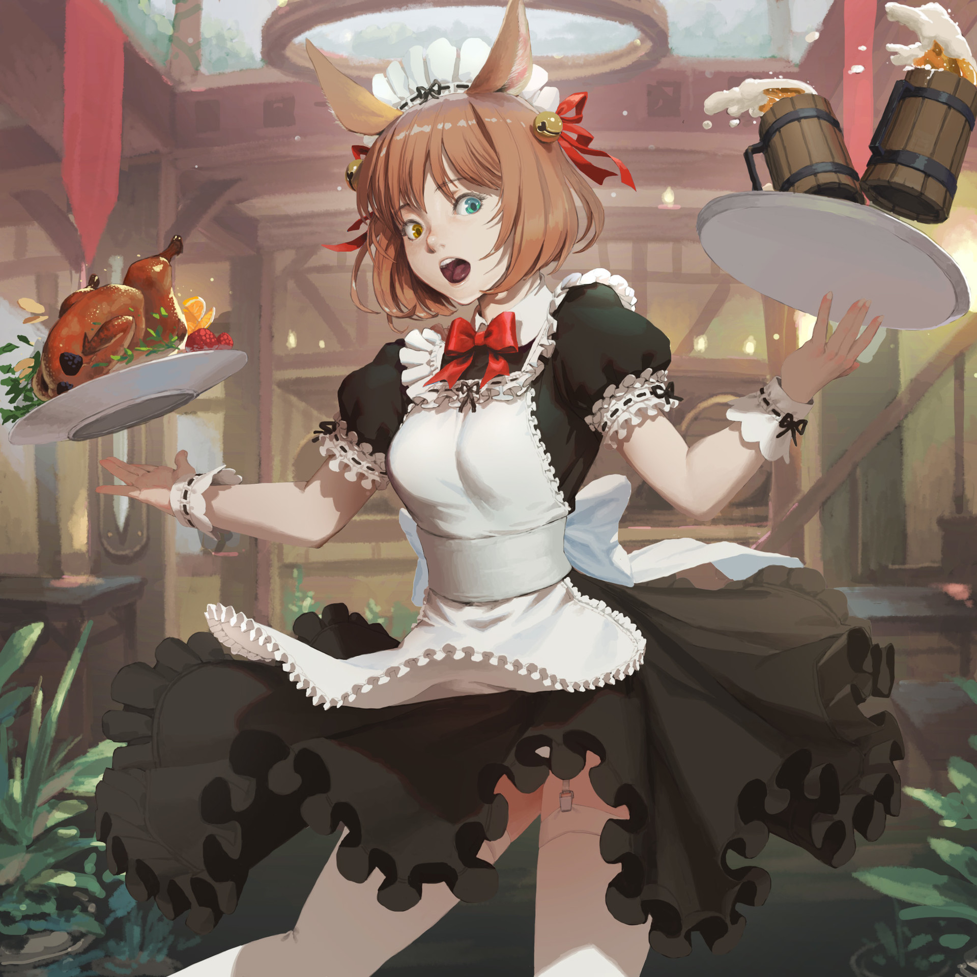 Anime 1920x1920 anime anime girls food heterochromia animal ears open mouth beer chickens brunette maid outfit thigh-highs waitress maid