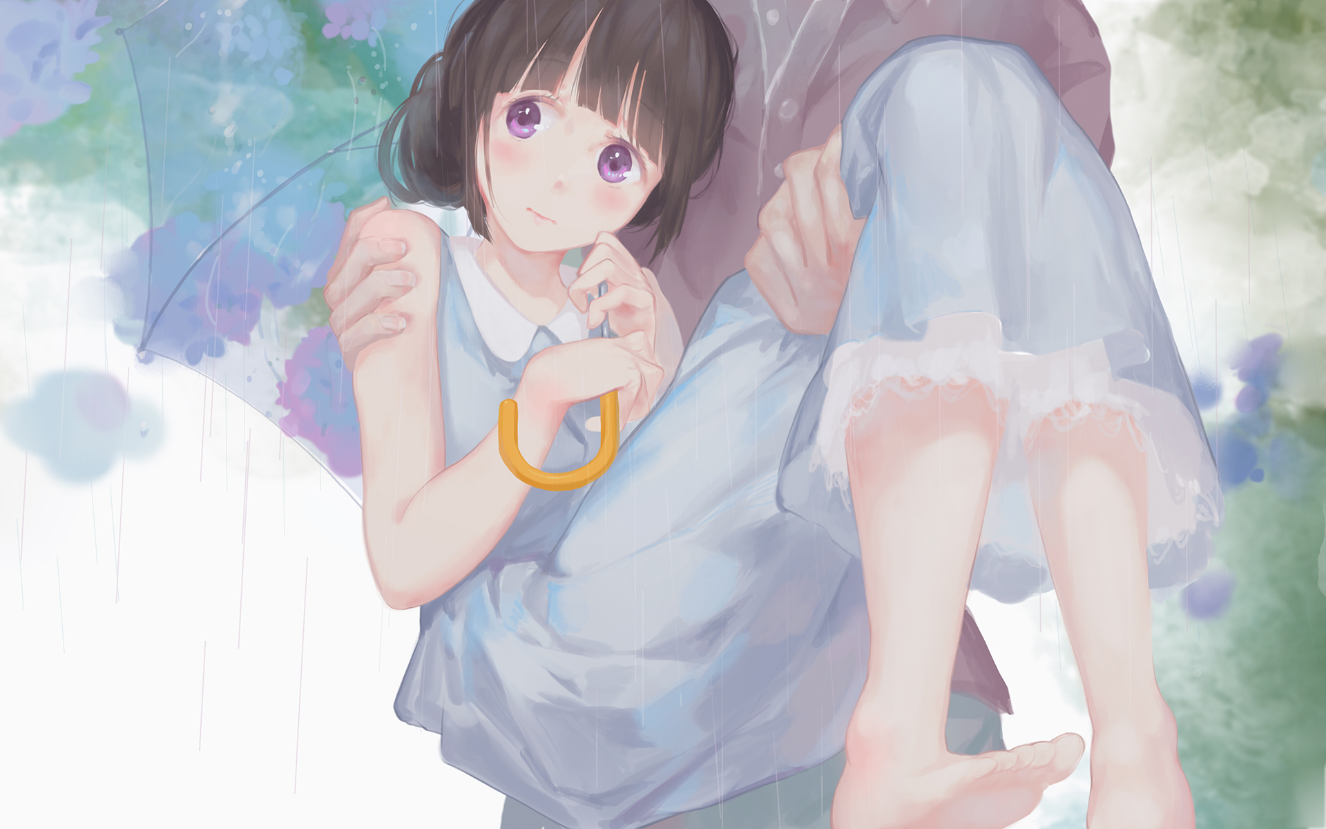 Anime 1920x1200 anime anime girls umbrella purple eyes brunette flowers rain dress looking away blushing barefoot JQ (artist) Hyouka Chitanda Eru