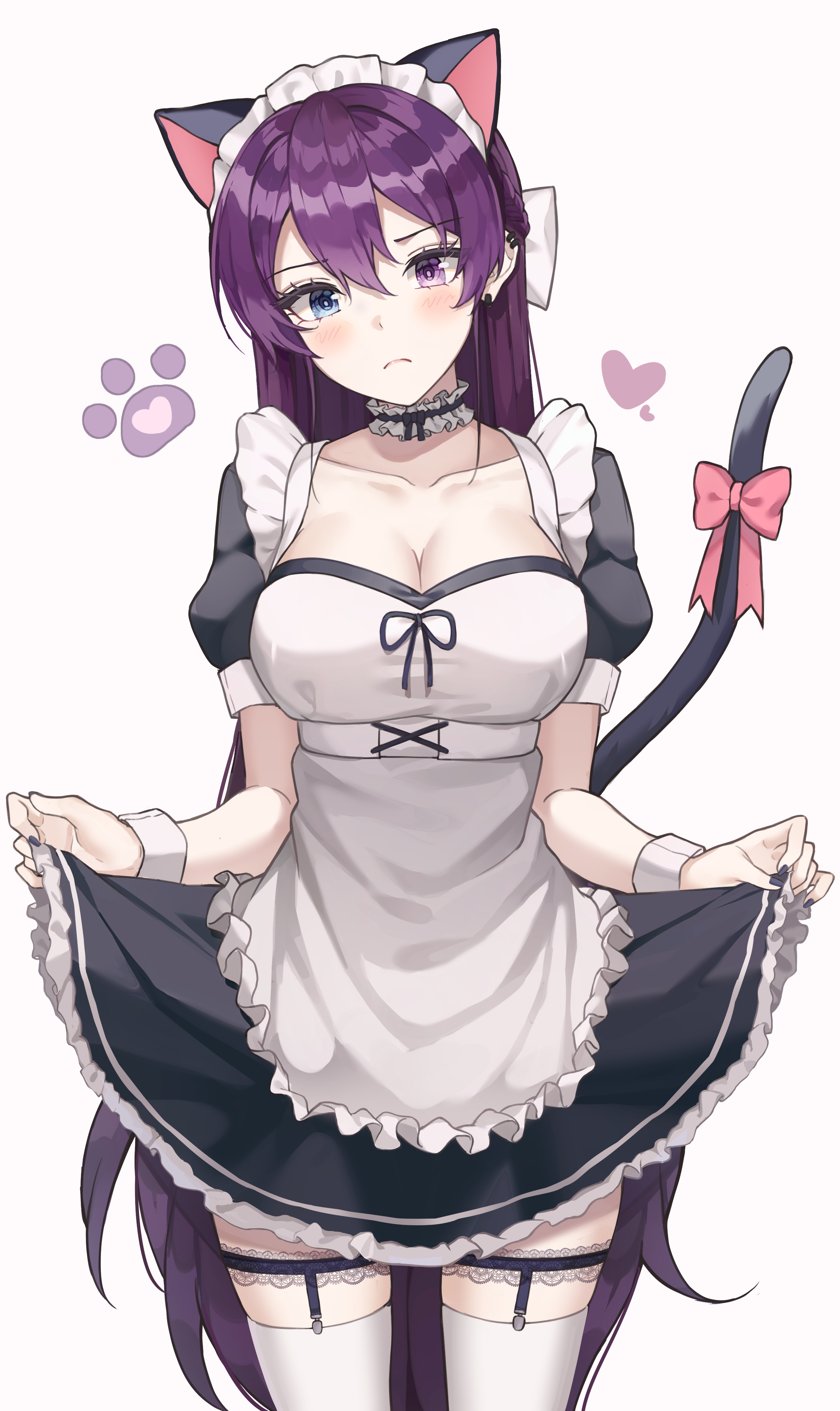 Anime 2506x4209 luxiel maid anime girls heterochromia cleavage stockings thigh-highs animal ears tail original characters cat girl purple hair long hair maid outfit lifting dress blushing standing