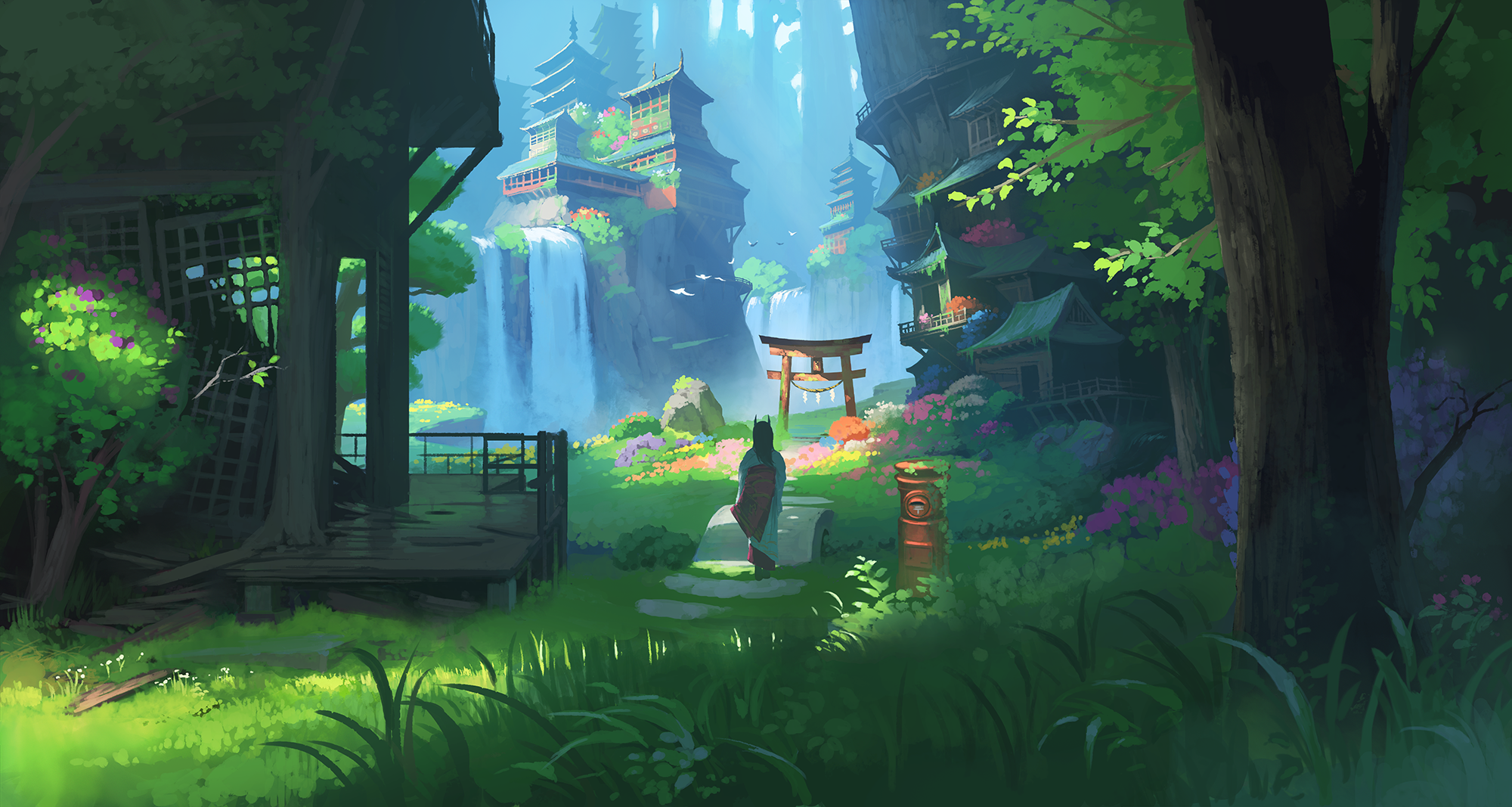 Anime 2000x1067 anime girls landscape artwork traditional art Asian architecture trees waterfall flowers mountains grass torii