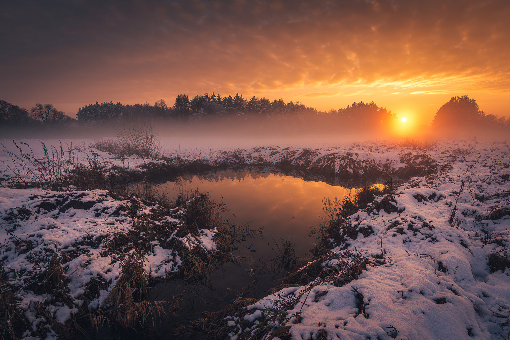 General 2048x1367 mist landscape sunset trees nature outdoors photography snow snow covered water clouds sky Poland Michał Tomczak