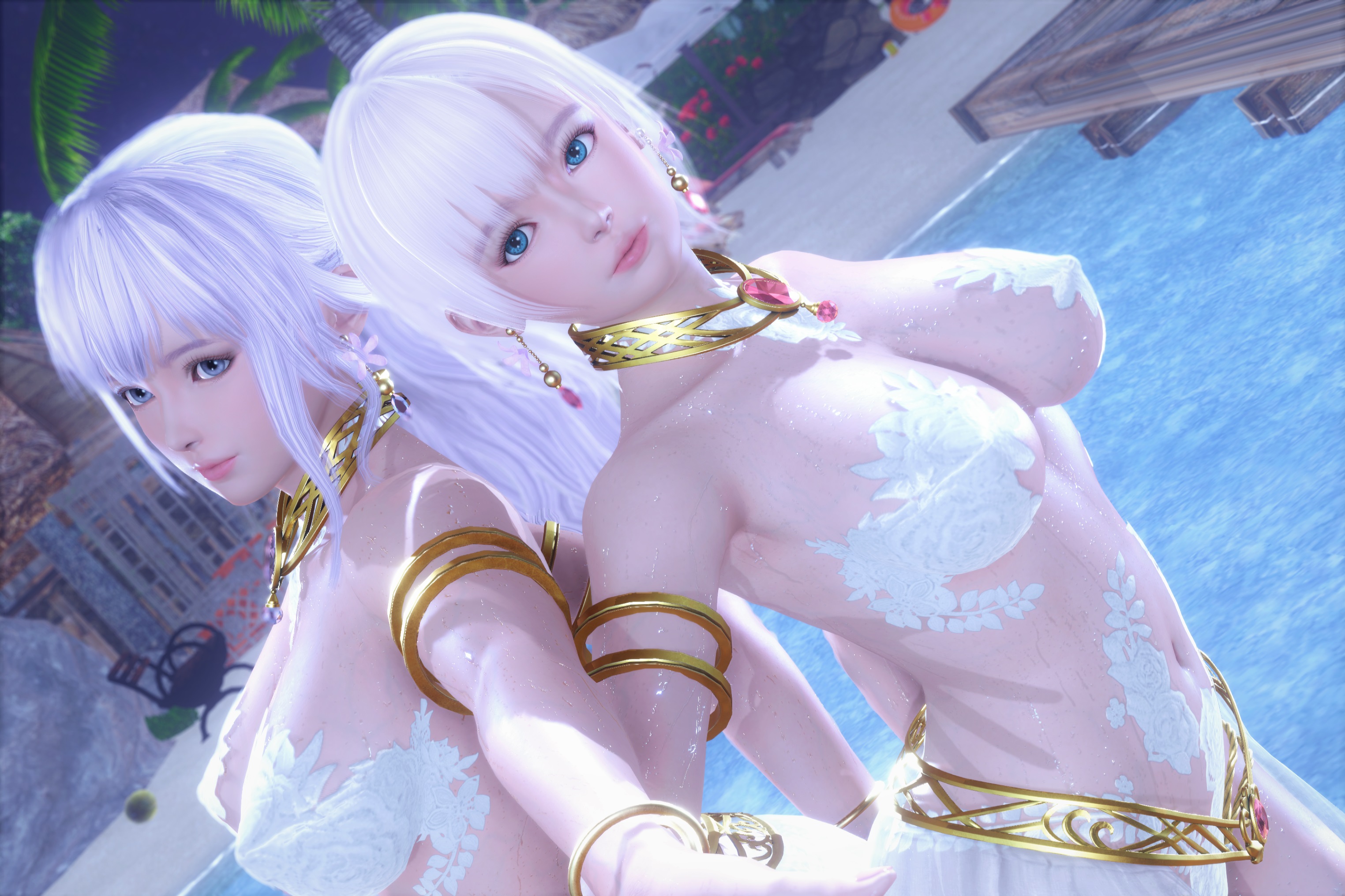 General 3049x2032 Dead or Alive video game characters video game girls white hair bangs blue eyes necklace jewelry armlet wet body beach CGI artwork digital art fan art belly Luna (Dead or Alive) boobs big boobs pink lipstick video games video game warriors two women Fiona (DOA)