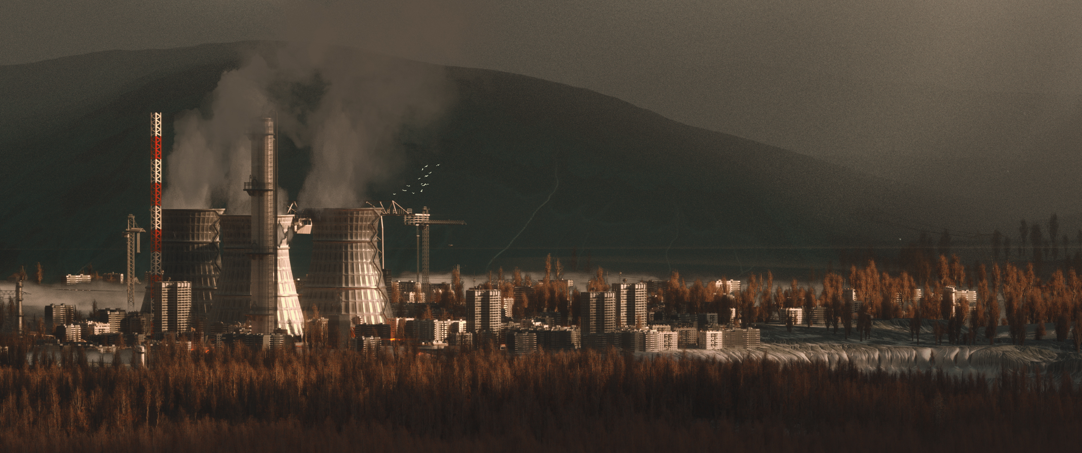 General 3440x1440 power plant landscape industrial smoke
