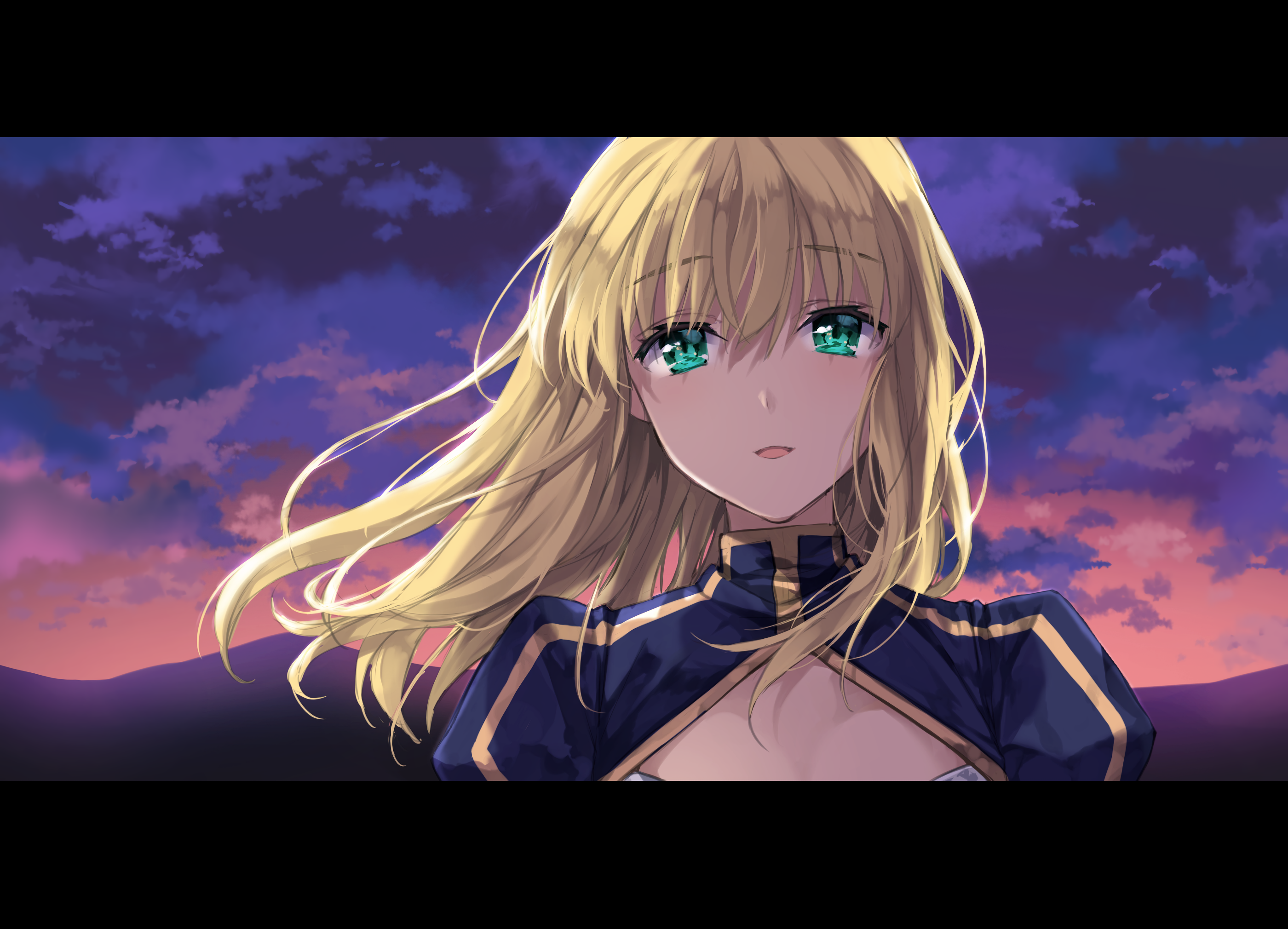 Anime 2800x2020 Fate series Fate/Zero Fate/Stay Night Fate/Grand Order Fate/Stay Night: Unlimited Blade Works anime girls 2D hair blowing in the wind long hair looking at viewer Saber Artoria Pendragon bangs anime blue dress open mouth smiling evening sunset mountains blushing green eyes clouds alternate hairstyle fan art Ice (artist) blonde