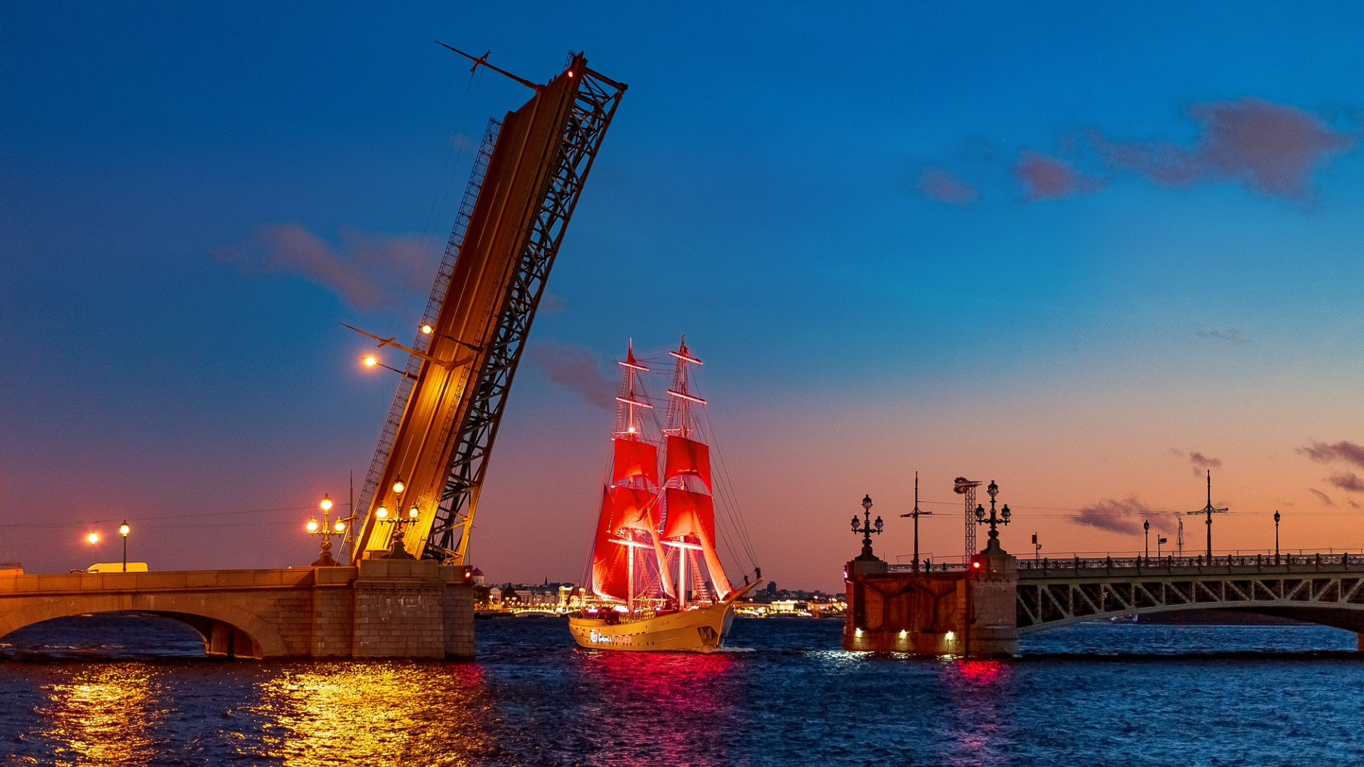 General 1920x1080 ship water bridge St. Petersburg Russia evening lights river sailing ship open Scarlet Sails