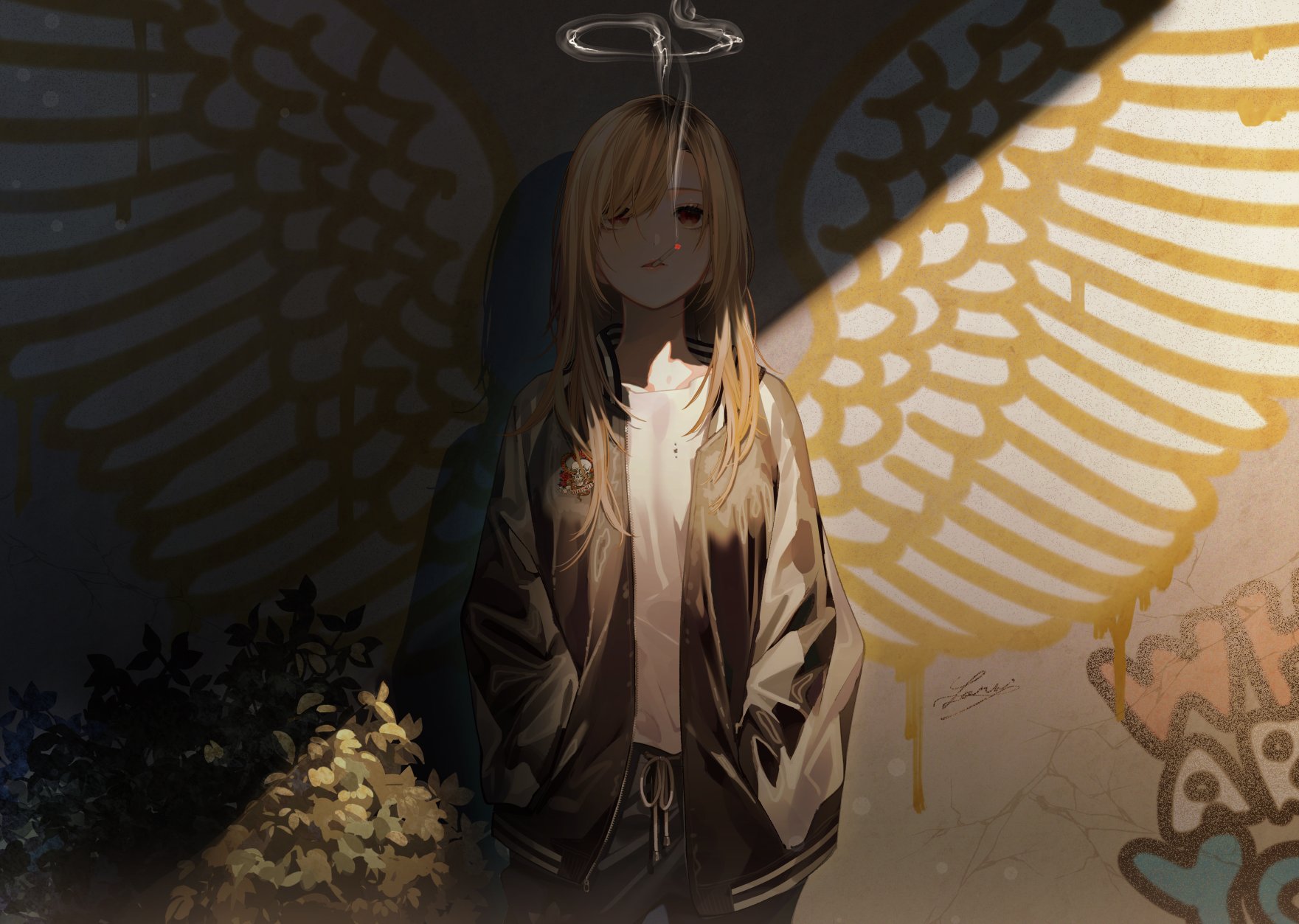 Anime 1761x1253 anime anime girls blonde long hair smoking red eyes angel wings halo bushes wall graffiti Larupom