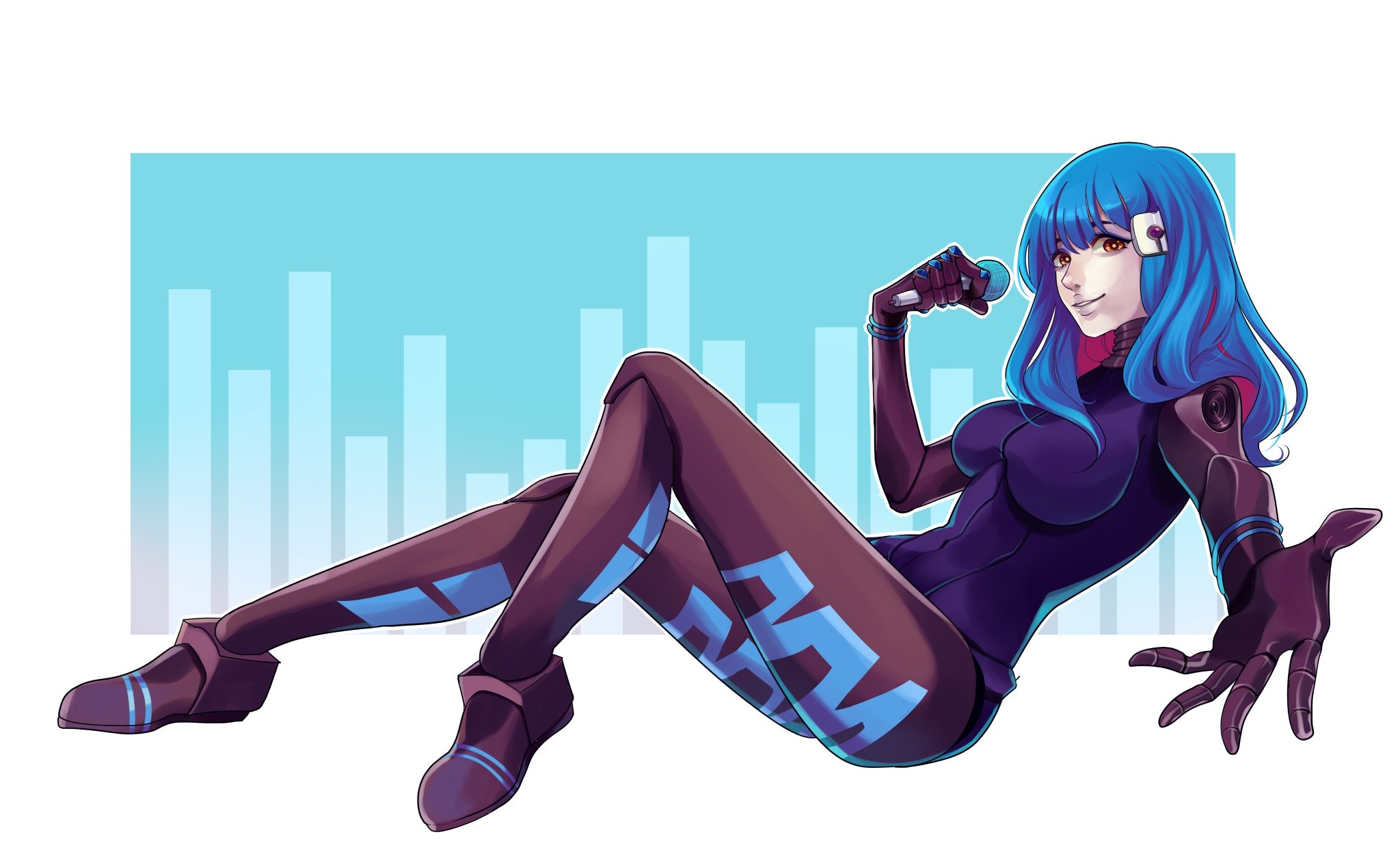 Anime 2048x1265 anime girls anime blue hair legs looking at viewer boobs microphone simple background Va-11 Hall-A blue