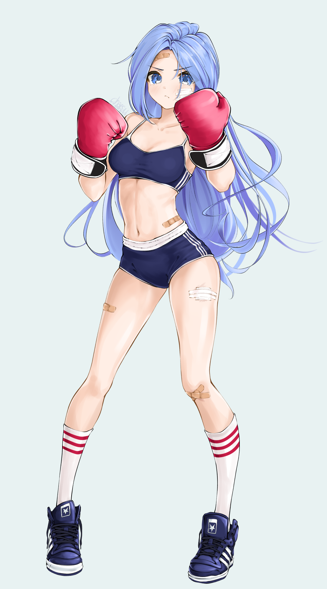 Anime 1110x2000 anime anime girls digital art artwork 2D portrait display gym clothes short shorts Band-Aid blue hair blue eyes sports bra boxing gloves Chaesu