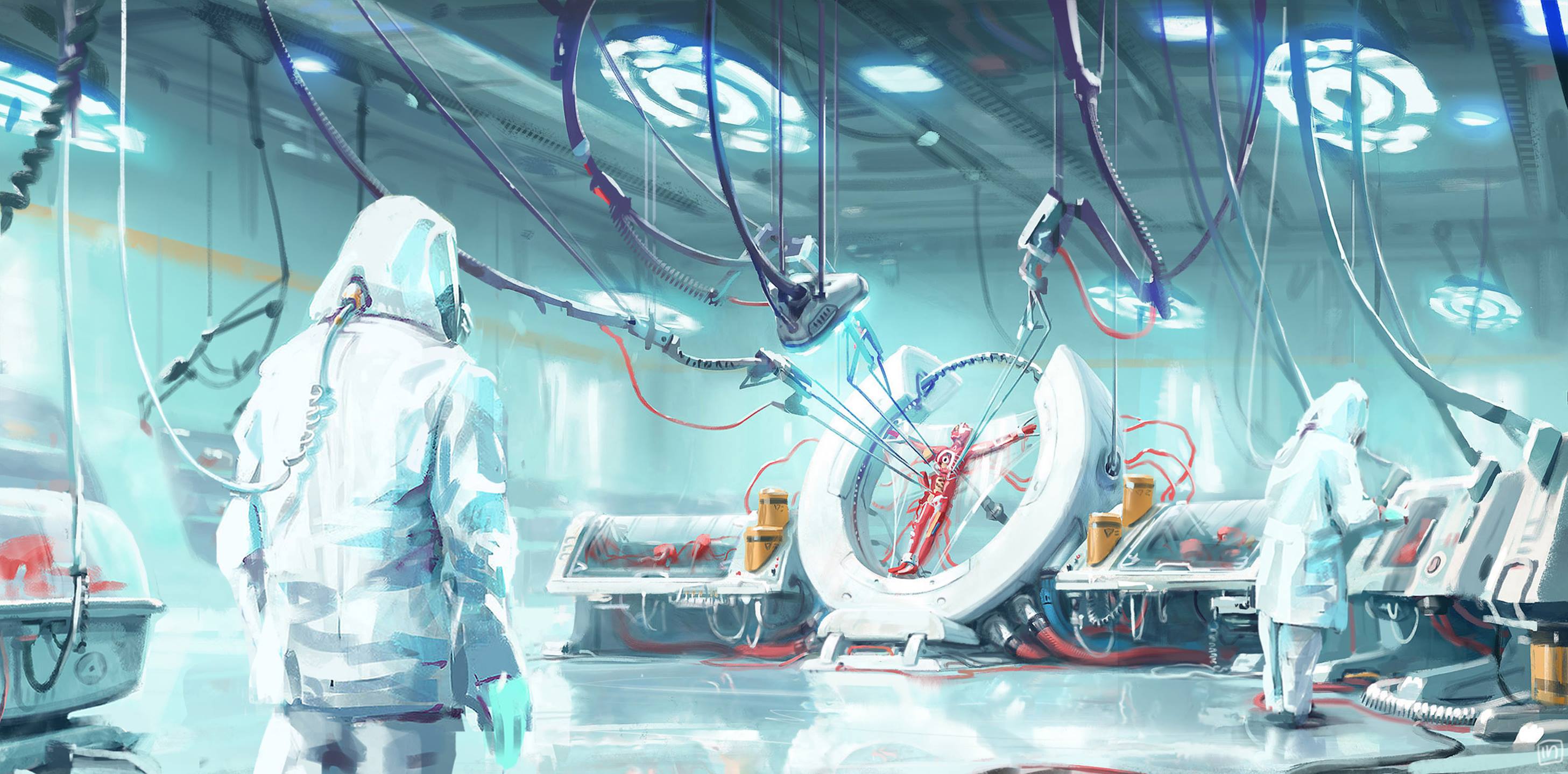 General 2914x1438 digital art science fiction laboratories medicine robot wires tubes cyan
