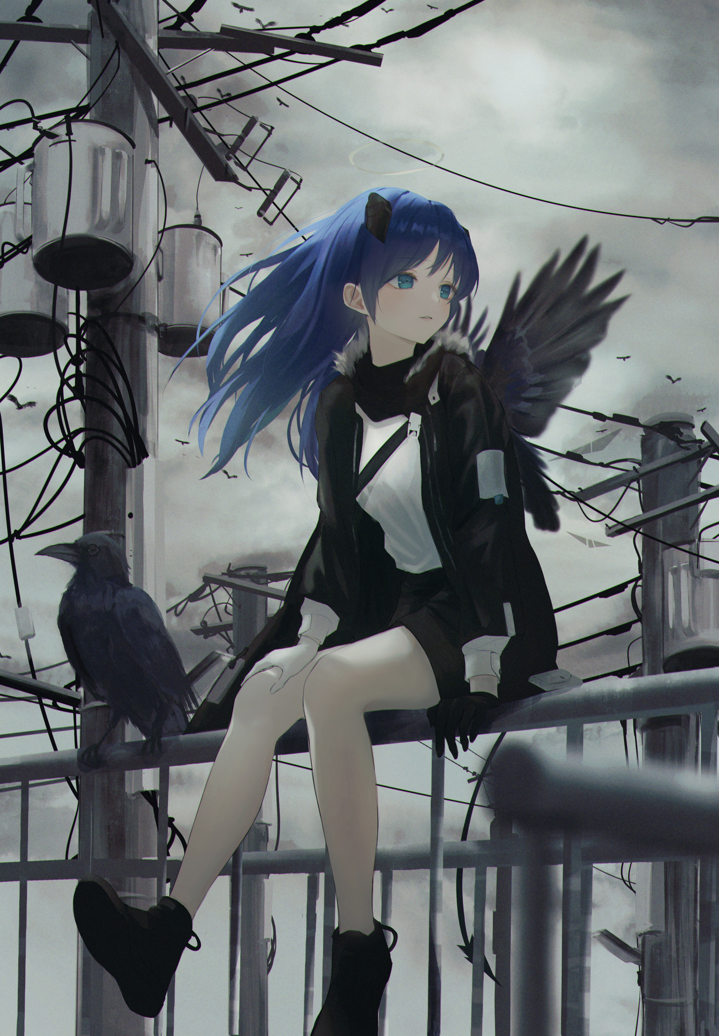 Anime 2830x4078 portrait display Arknights 7ife Mostima (Arknights) anime girls horns tail blue hair aqua eyes crow