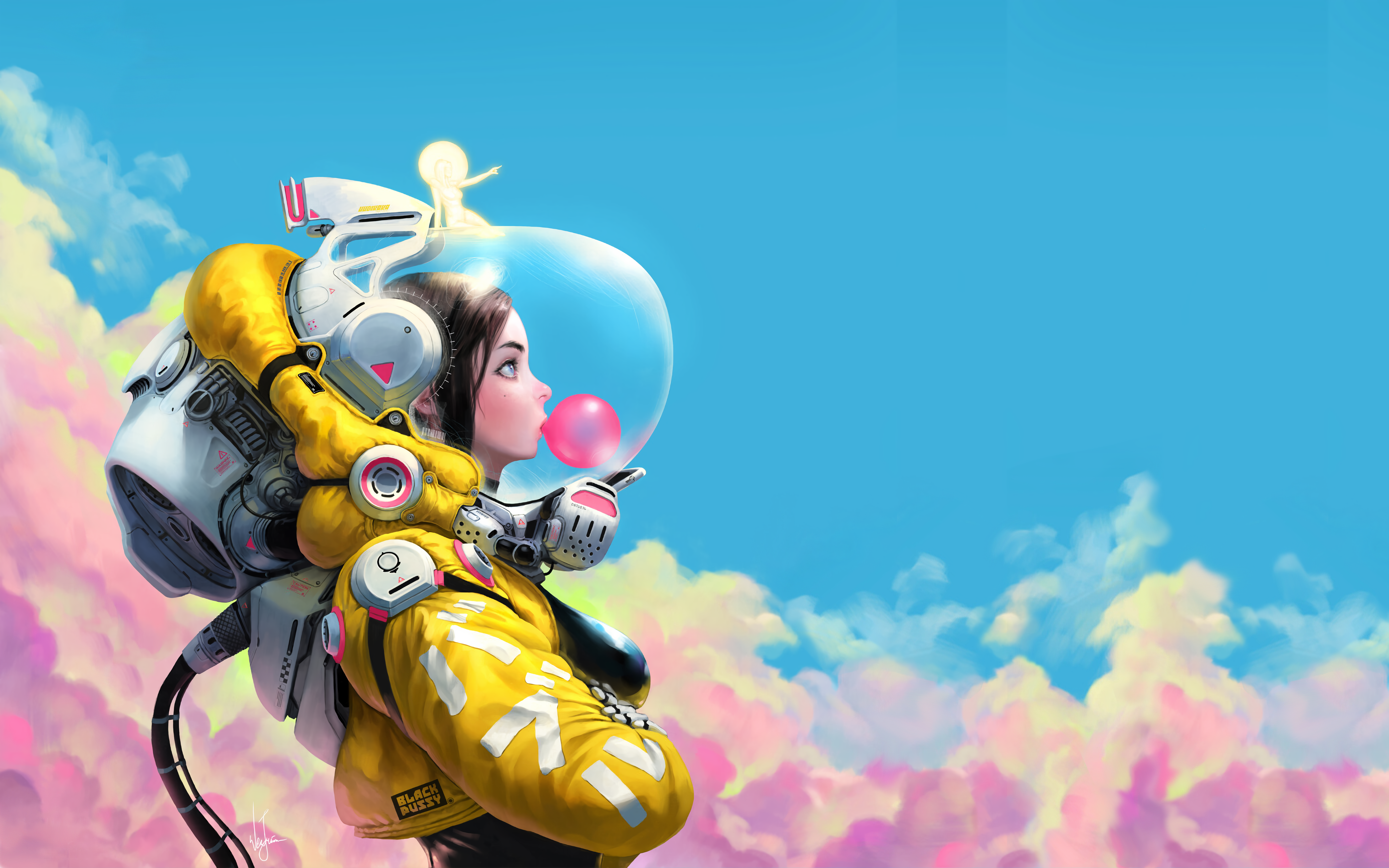 General 8320x5200 spacesuit bubble gum clouds digital art sky blue background women colorful artwork dark hair