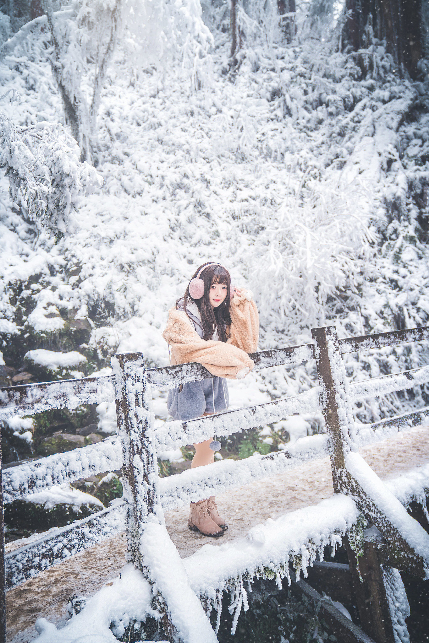 People 1365x2048 women Asian leaning outdoors looking at viewer women outdoors cold snow trees winter long hair